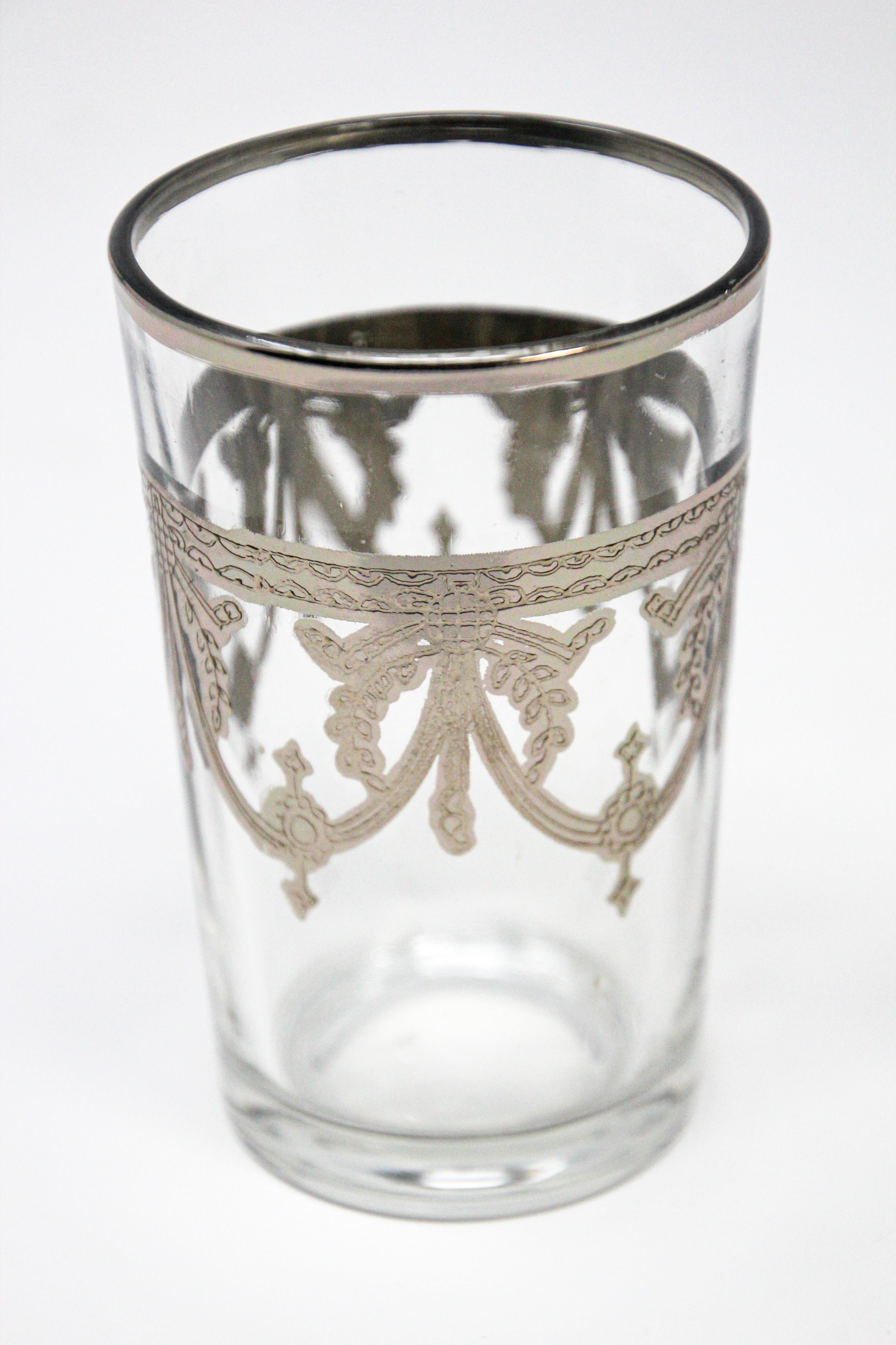 Moroccan Glasses Set of Six Clear with Silver Overlay Moorish Pattern For Sale 1