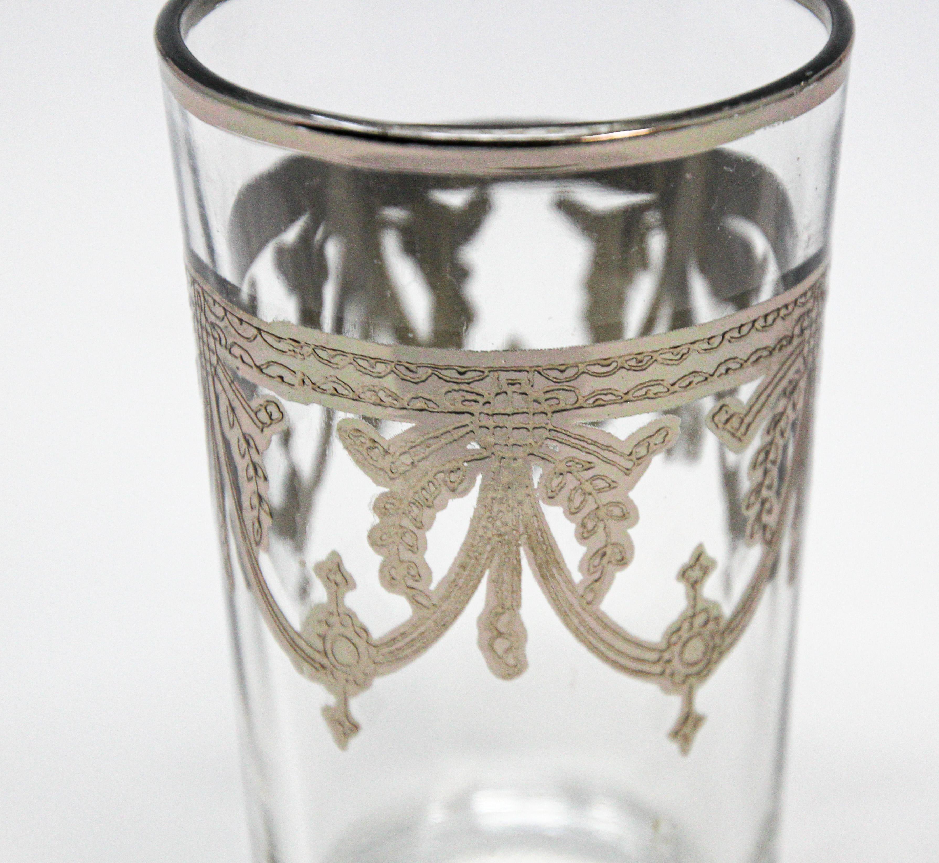 Moroccan Glasses Set of Six Clear with Silver Overlay Moorish Pattern For Sale 2