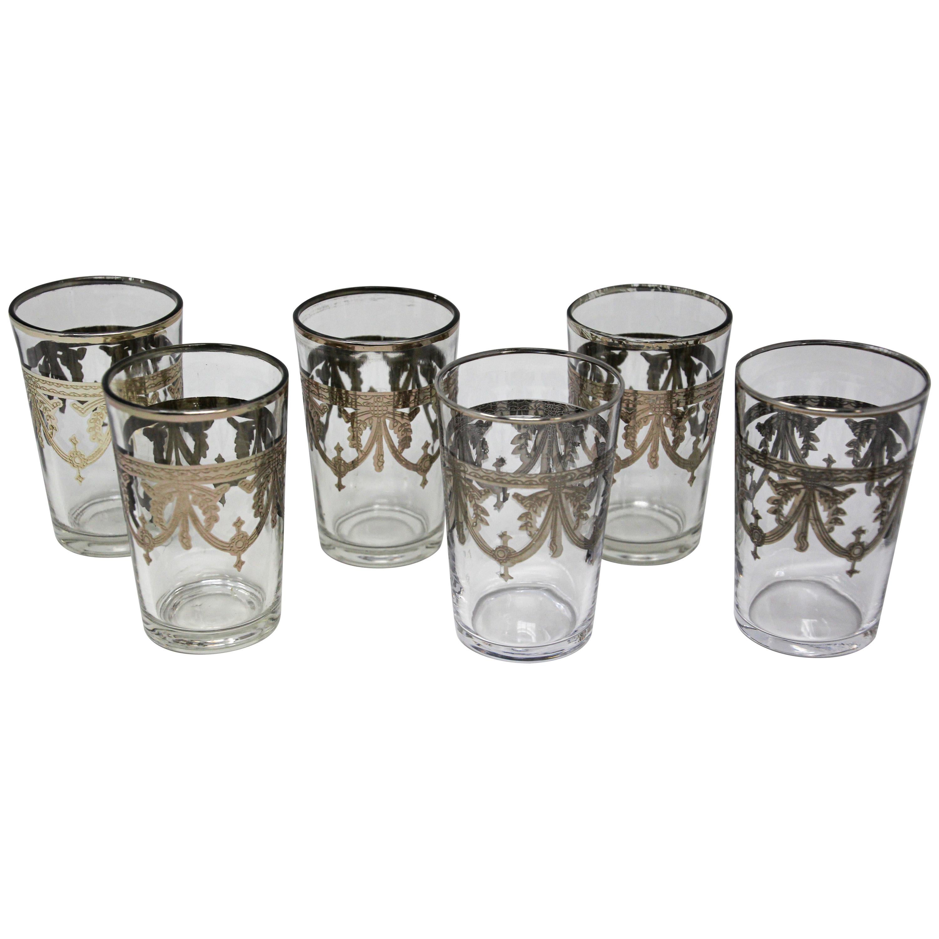 Moroccan Glasses Set of Six Clear with Silver Overlay Moorish Pattern For Sale