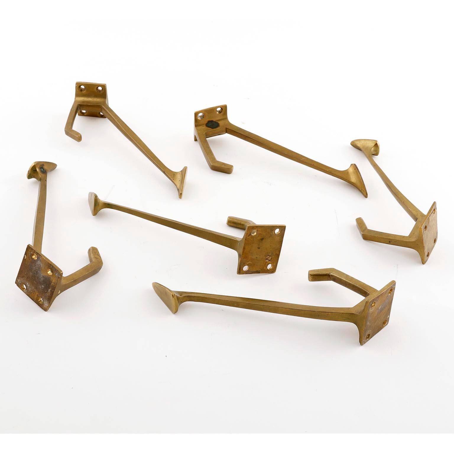 Early 20th Century Six Coat Wall Hooks, Patinated Brass, Art Deco, 1910