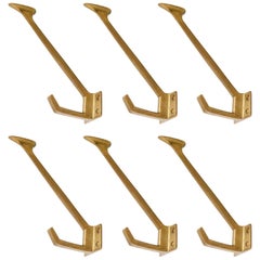 Six Coat Wall Hooks, Patinated Brass, Art Deco, 1910