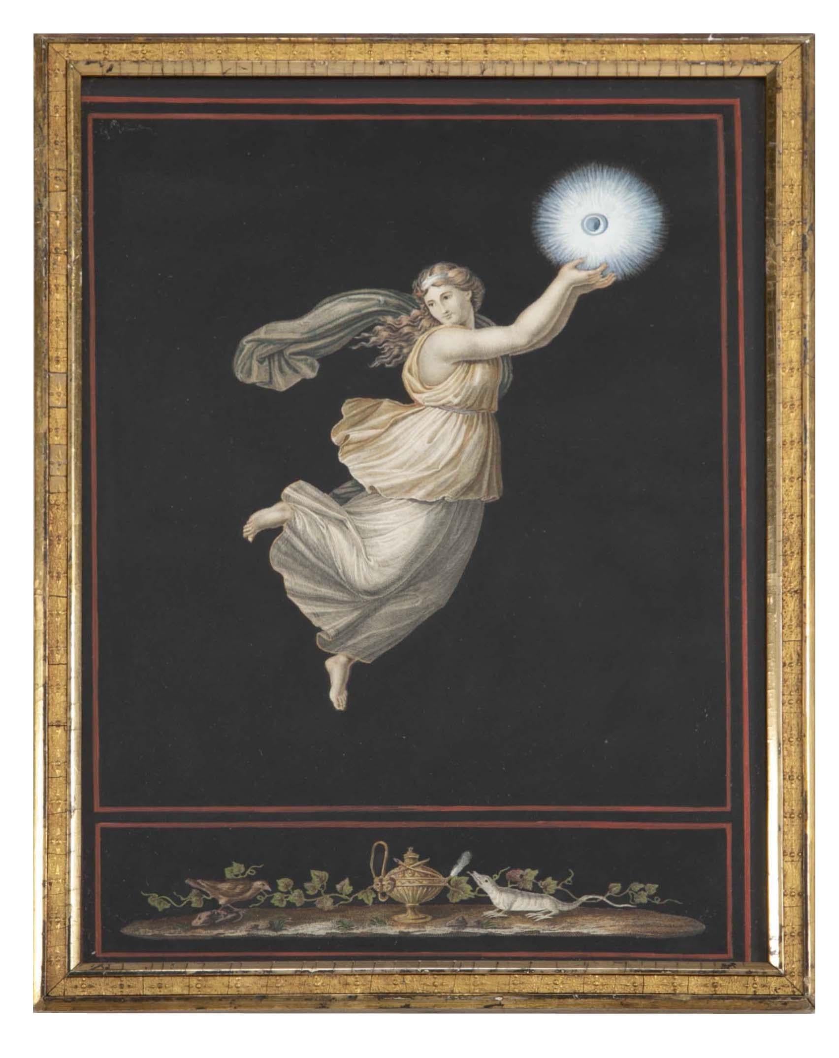 A group of six allegorical female figures after Raffaello Sanzio, called Raphael, published in Paris by Alexandre Richome, circa 1803-1806. Set of six copper engravings with original hand-coloring in gouache after the frescoes in Cardinal Bibbiena's