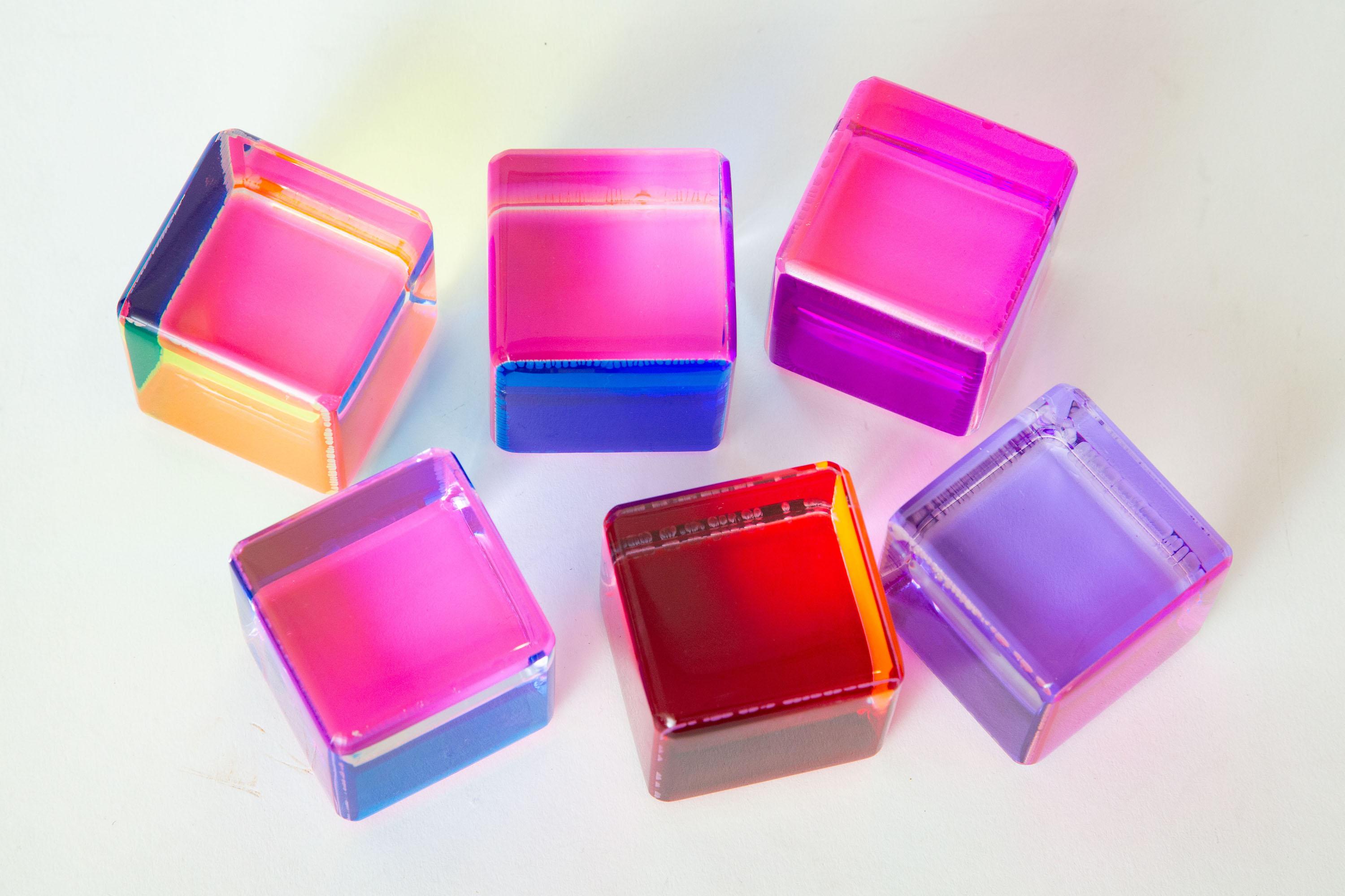 Vasa Laminated Lucite Purple, Pink, Orange, Red, Blue Cube Sculptures Set of Six 5