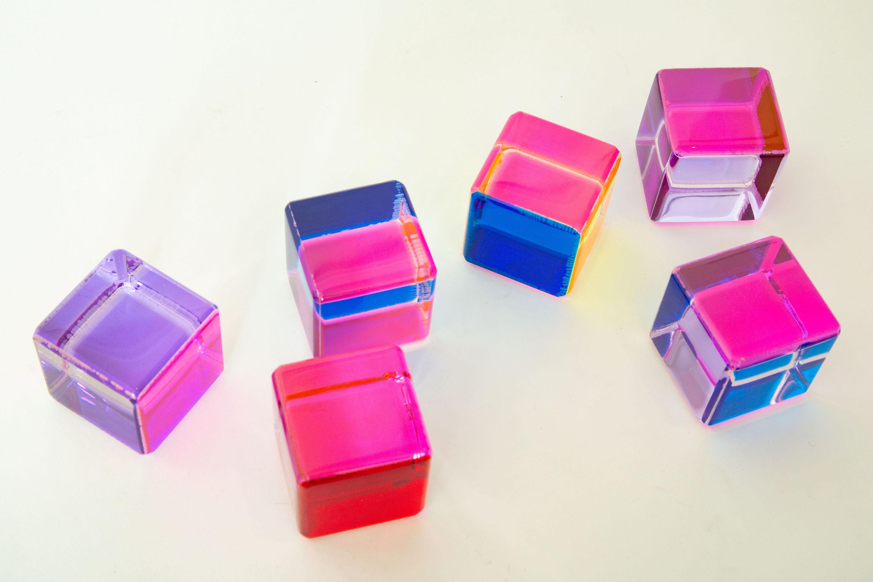Vasa Laminated Lucite Purple, Pink, Orange, Red, Blue Cube Sculptures Set of Six 6