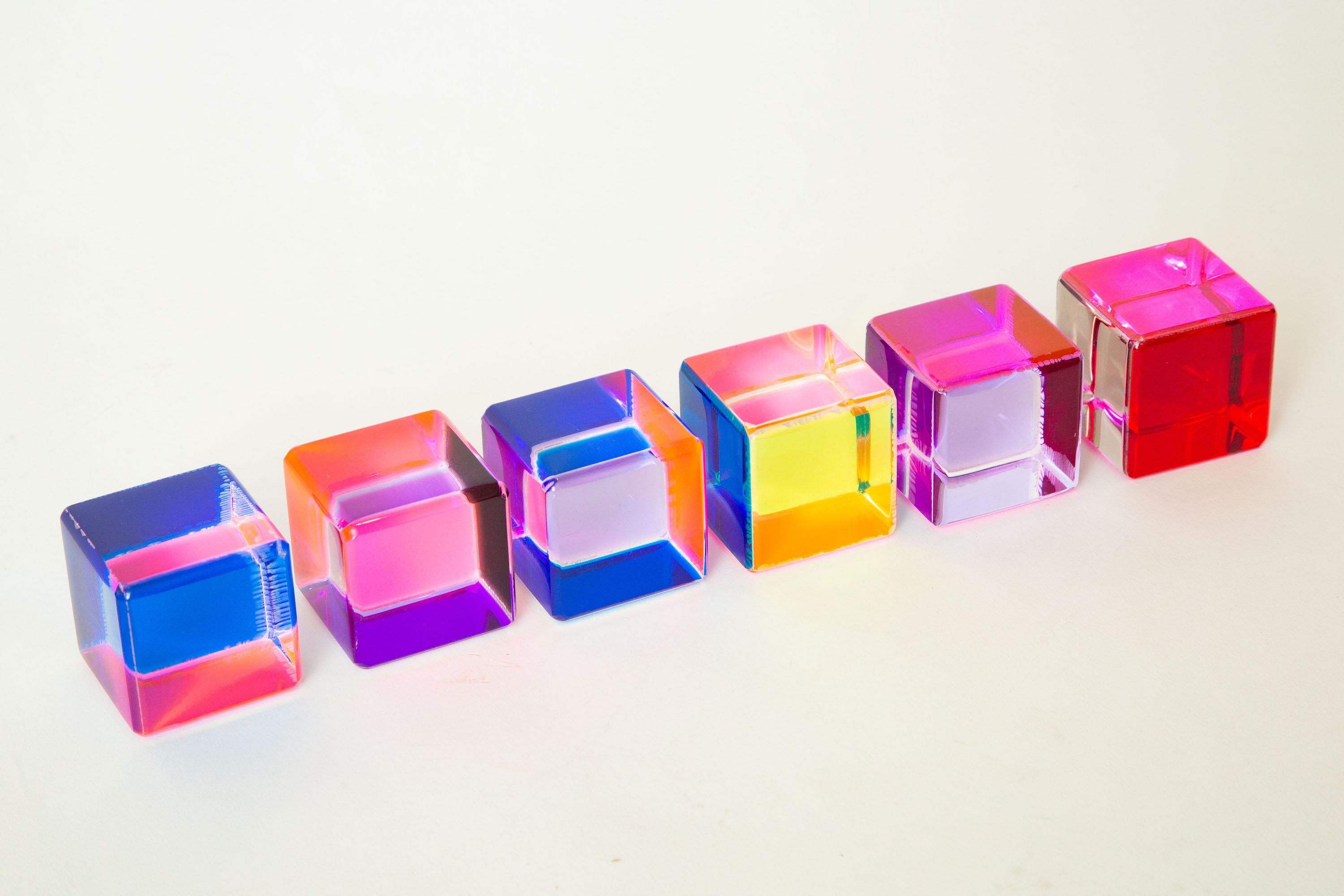 Vasa Laminated Lucite Purple, Pink, Orange, Red, Blue Cube Sculptures Set of Six 8
