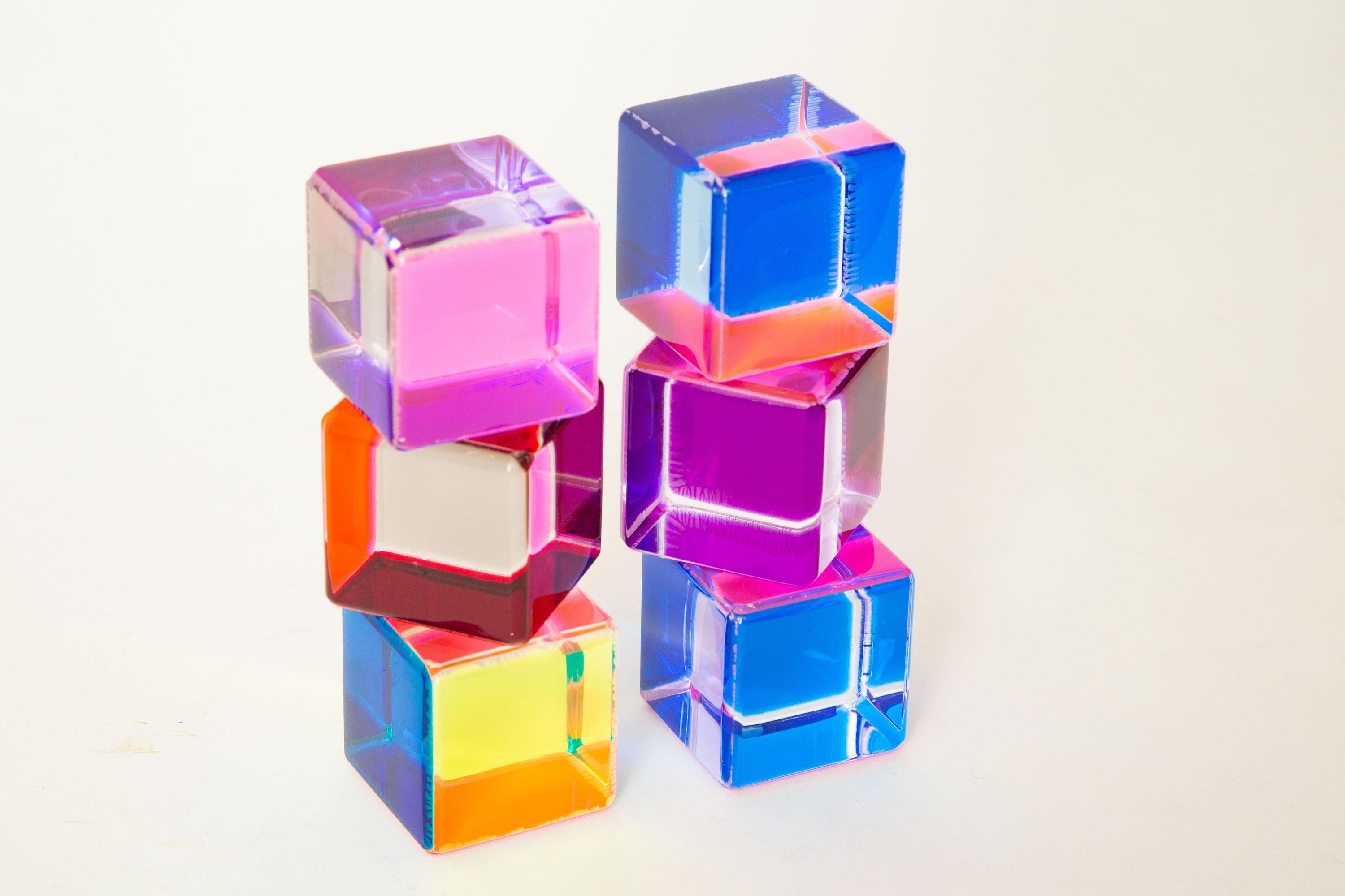 American Vasa Laminated Lucite Purple, Pink, Orange, Red, Blue Cube Sculptures Set of Six