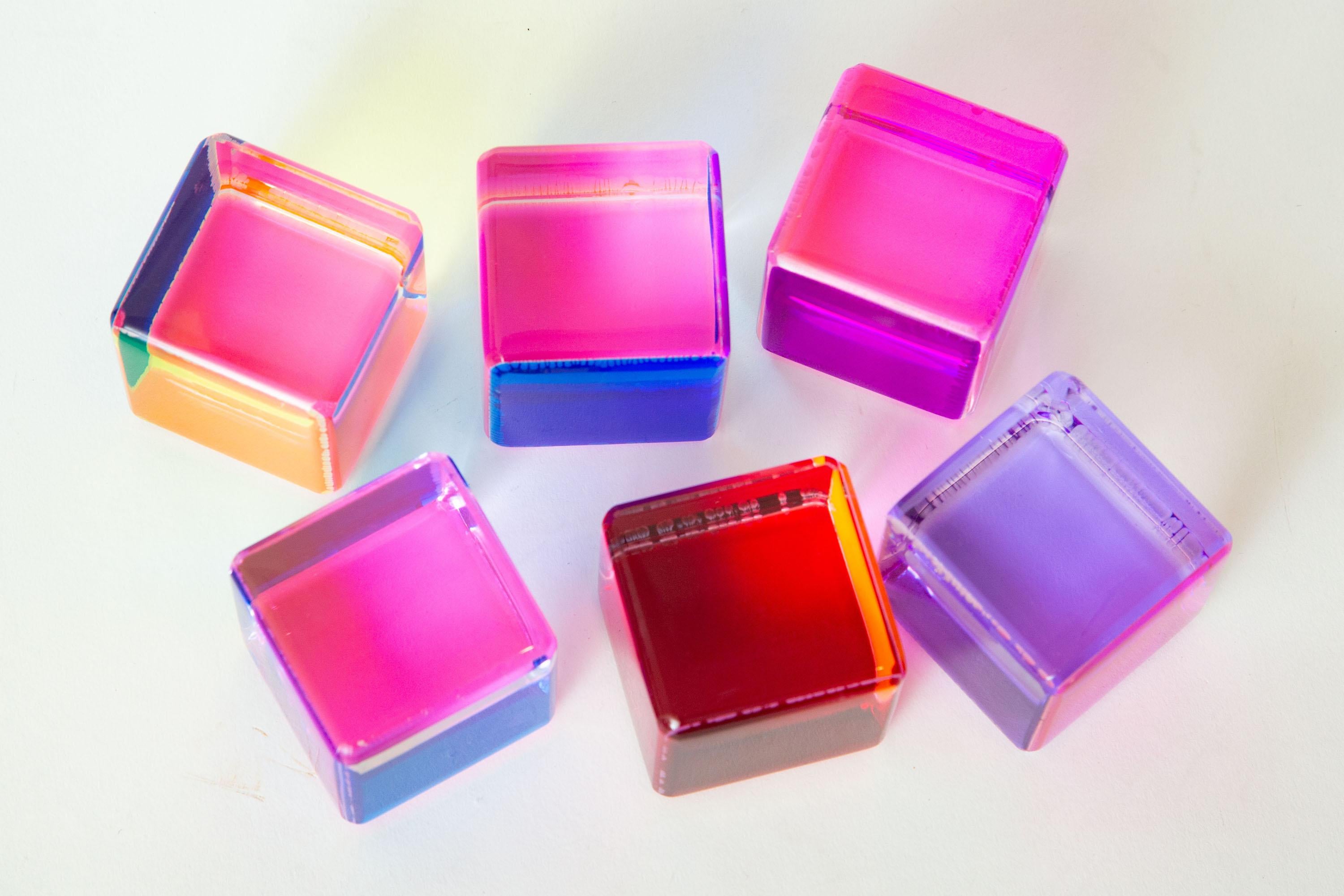 Late 20th Century Vasa Laminated Lucite Purple, Pink, Orange, Red, Blue Cube Sculptures Set of Six