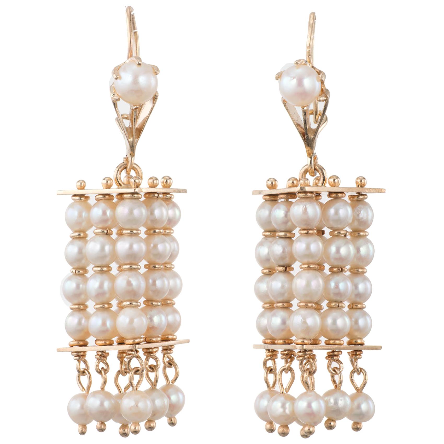 Six Column Wire Top Cultured Pearl Dangle Earrings For Sale