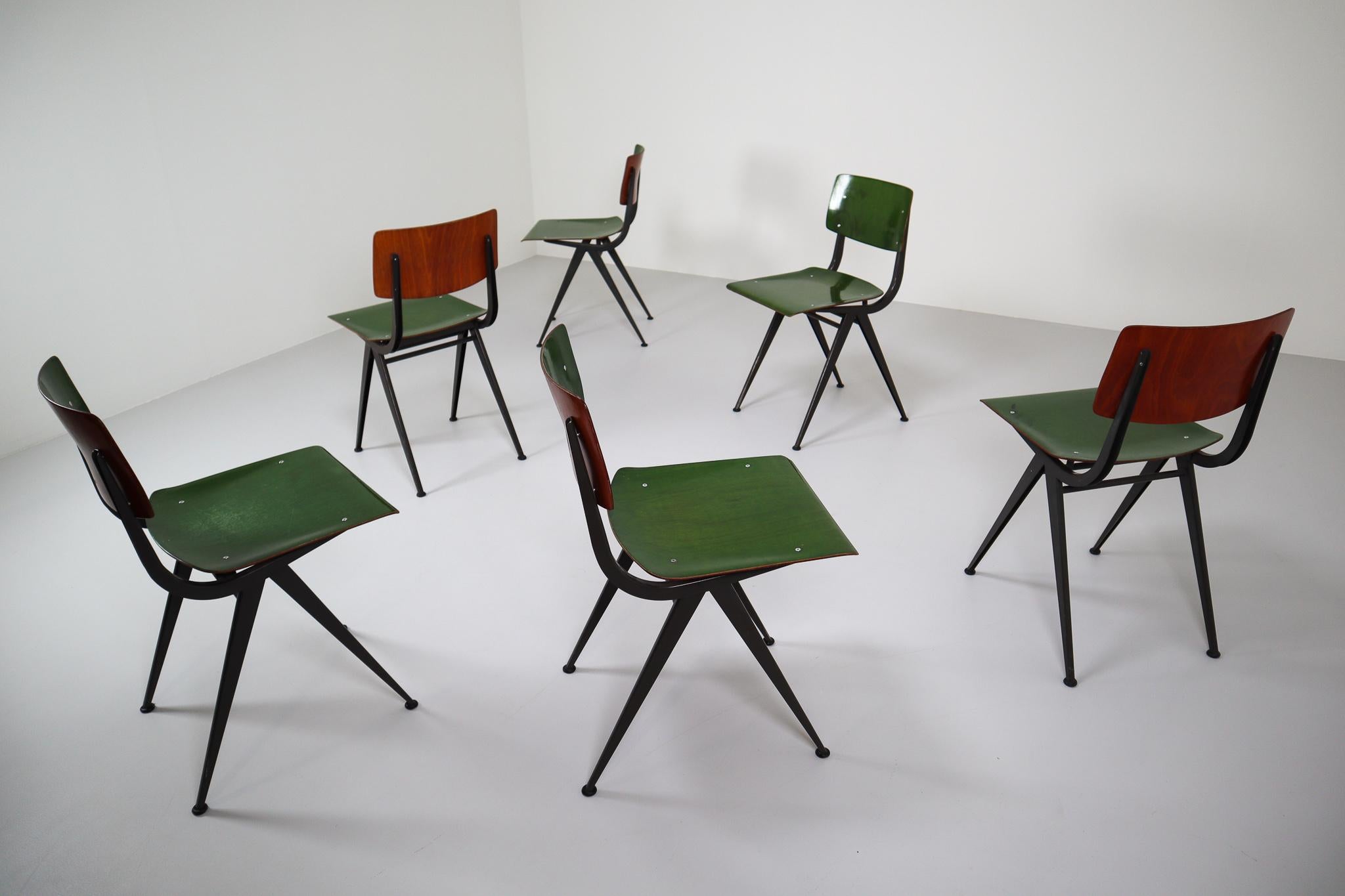 Six Compass Shaped Industrial Chairs by Marko Holland 1960s in Green Patina 3