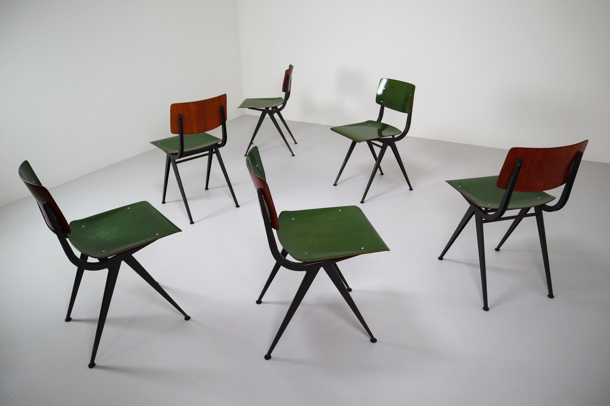 Dutch Six Compass Shaped Industrial Chairs by Marko Holland 1960s in Green Patina