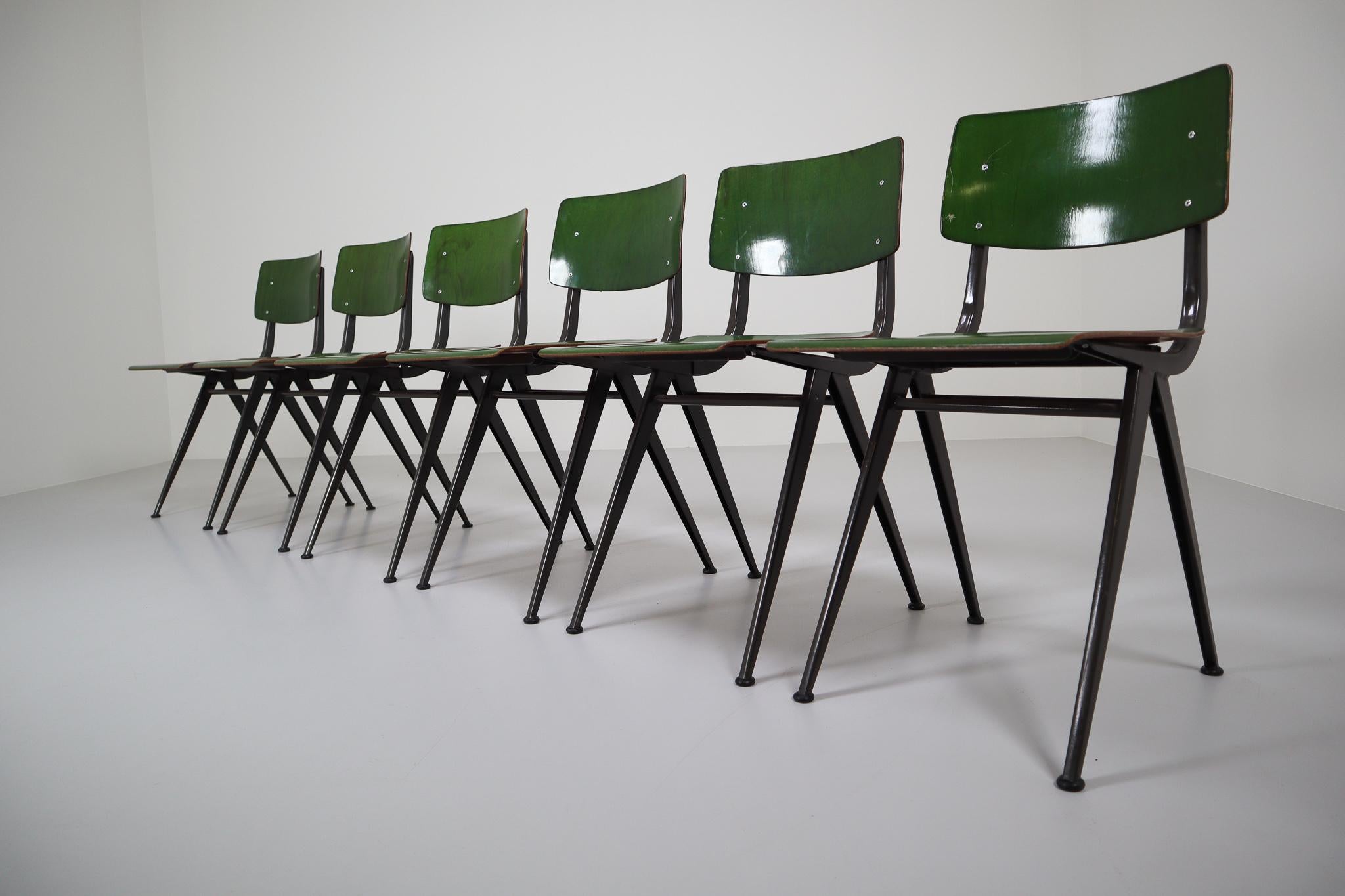 20th Century Six Compass Shaped Industrial Chairs by Marko Holland 1960s in Green Patina