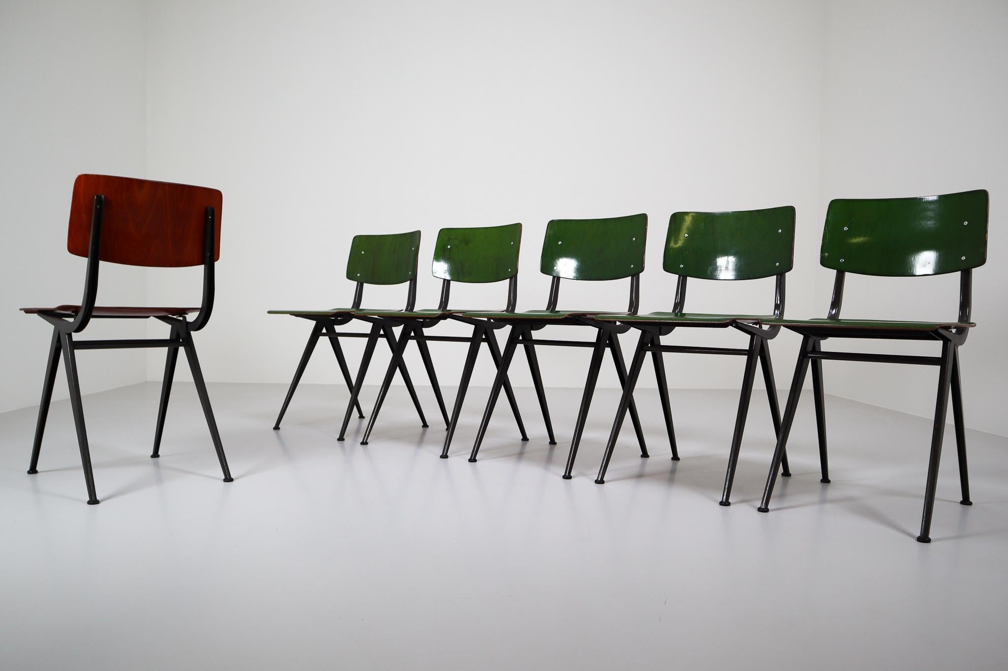 Plywood Six Compass Shaped Industrial Chairs by Marko Holland 1960s in Green Patina