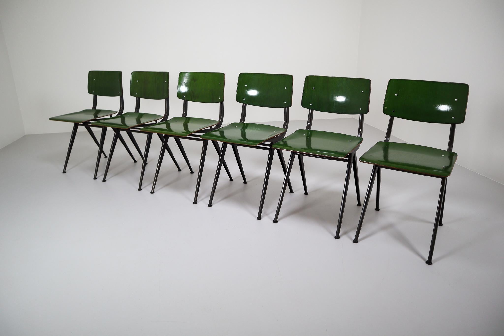 Six Compass Shaped Industrial Chairs by Marko Holland 1960s in Green Patina 1