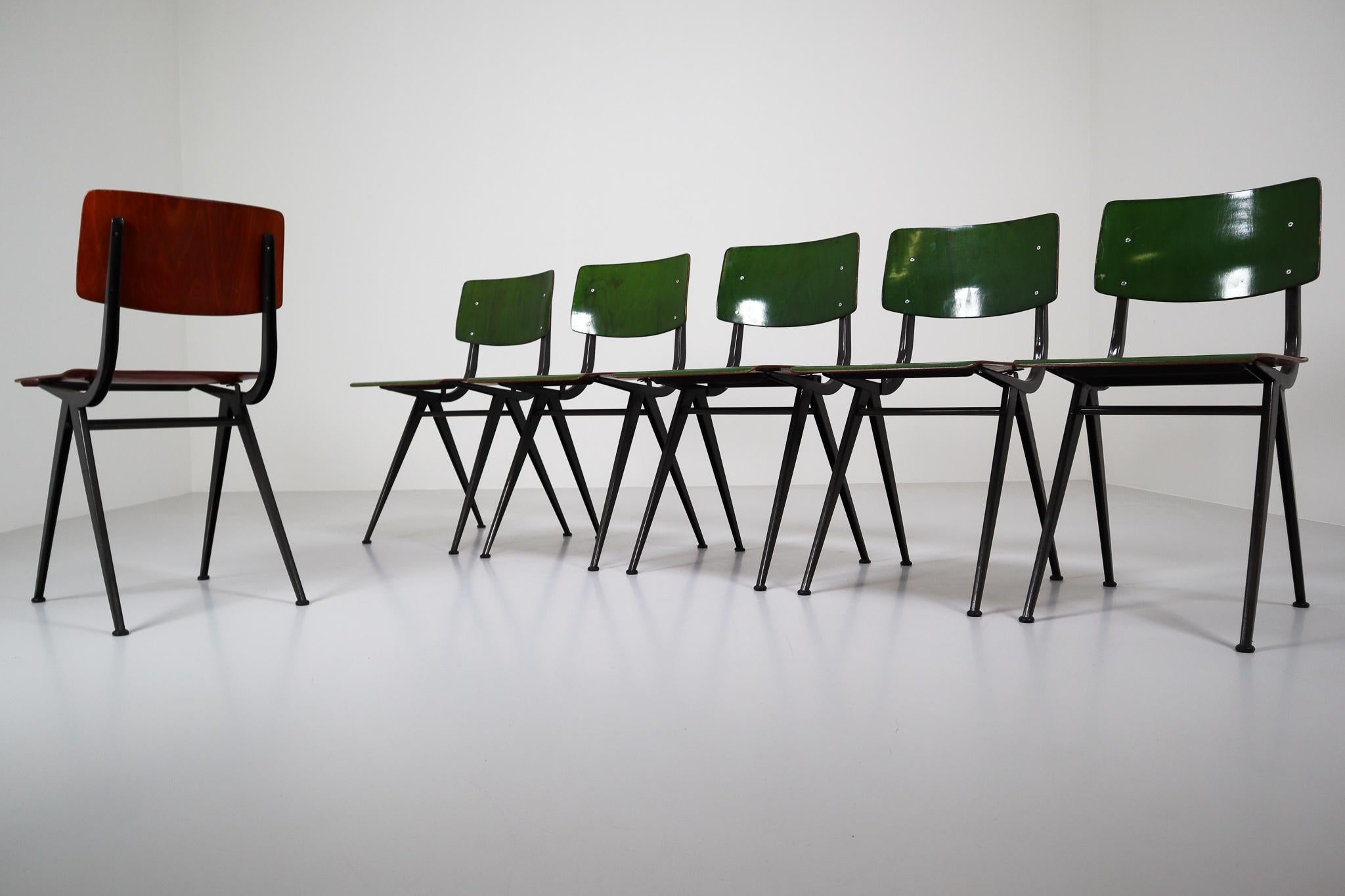 Six Compass Shaped Industrial Chairs by Marko Holland 1960s in Green Patina 2