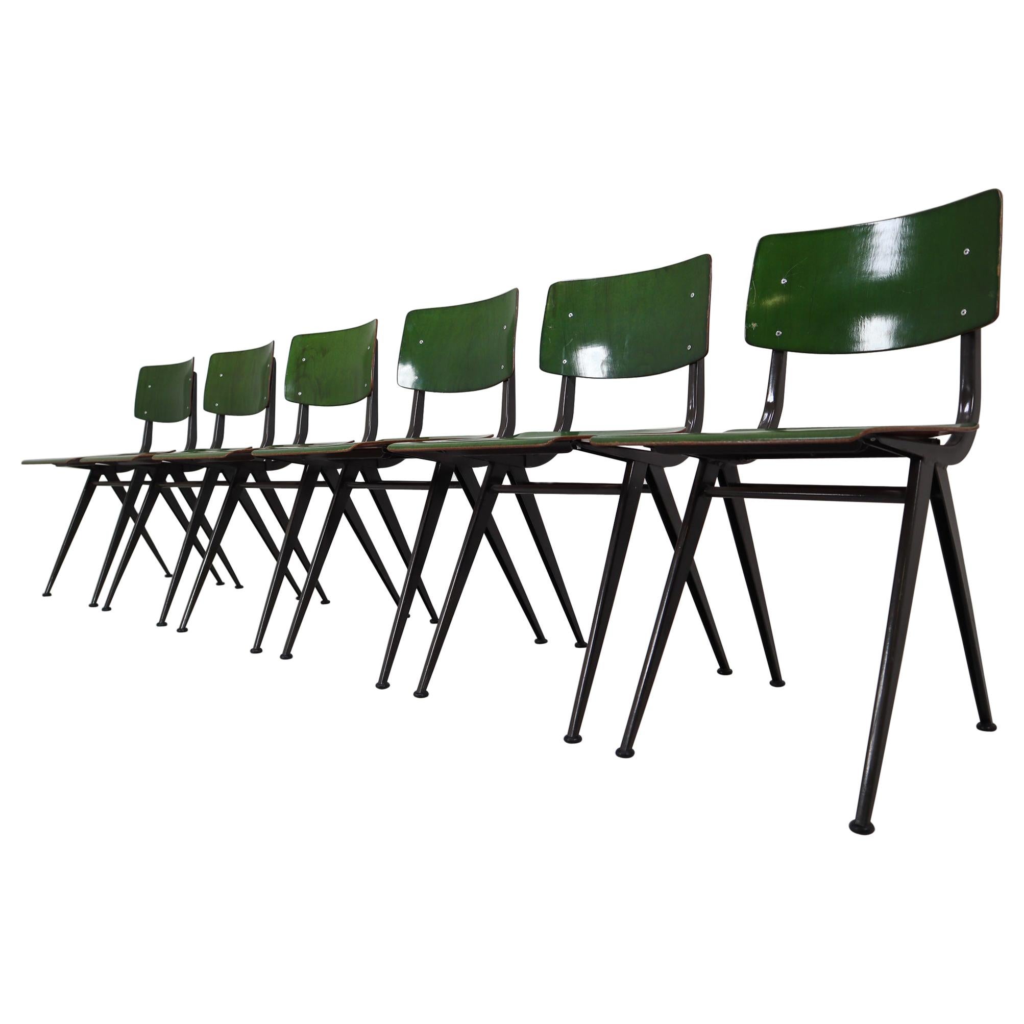 Six Compass Shaped Industrial Chairs by Marko Holland 1960s in Green Patina