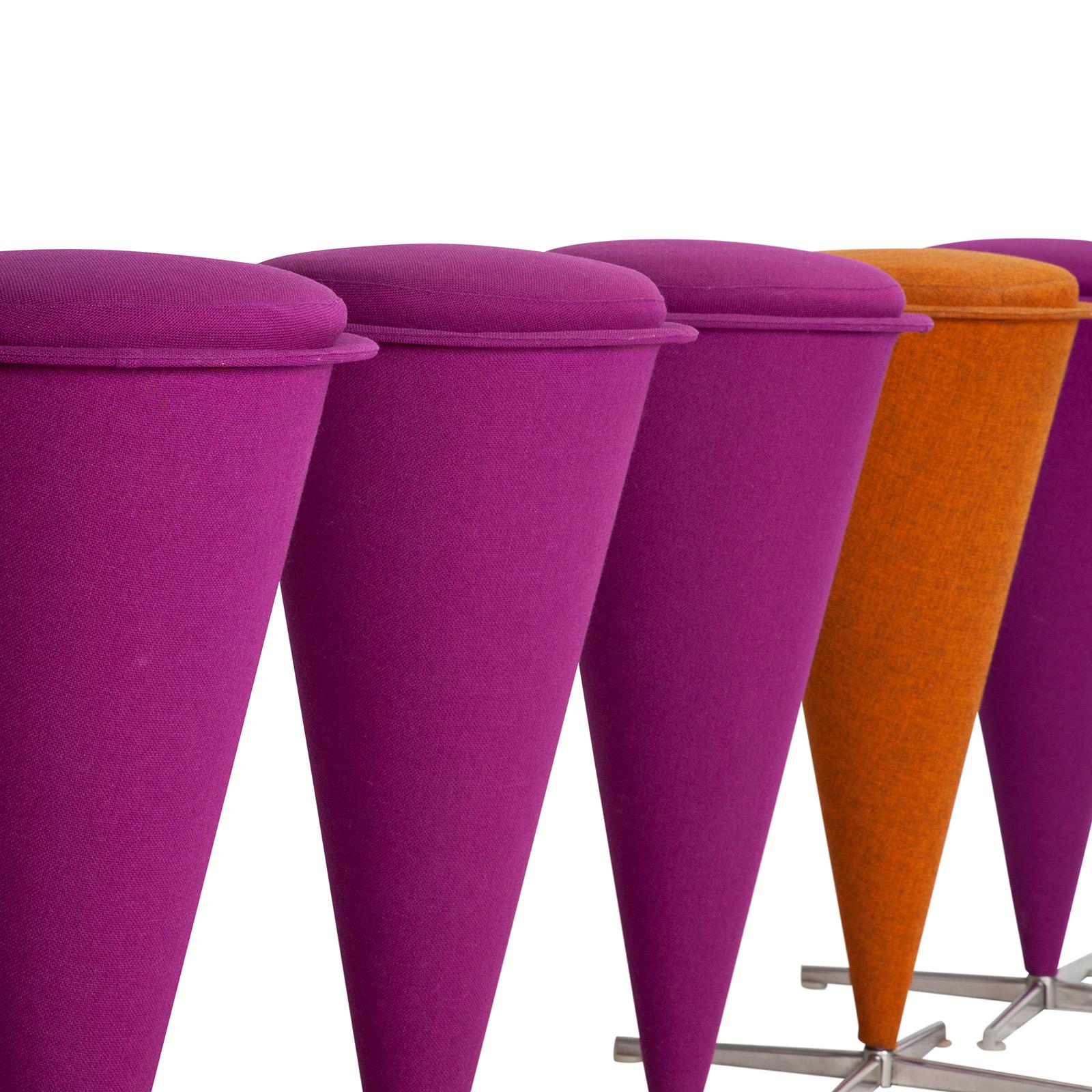 Six cone stools with original textile in vibrant colors. Designed by Verner Panton in 1958.