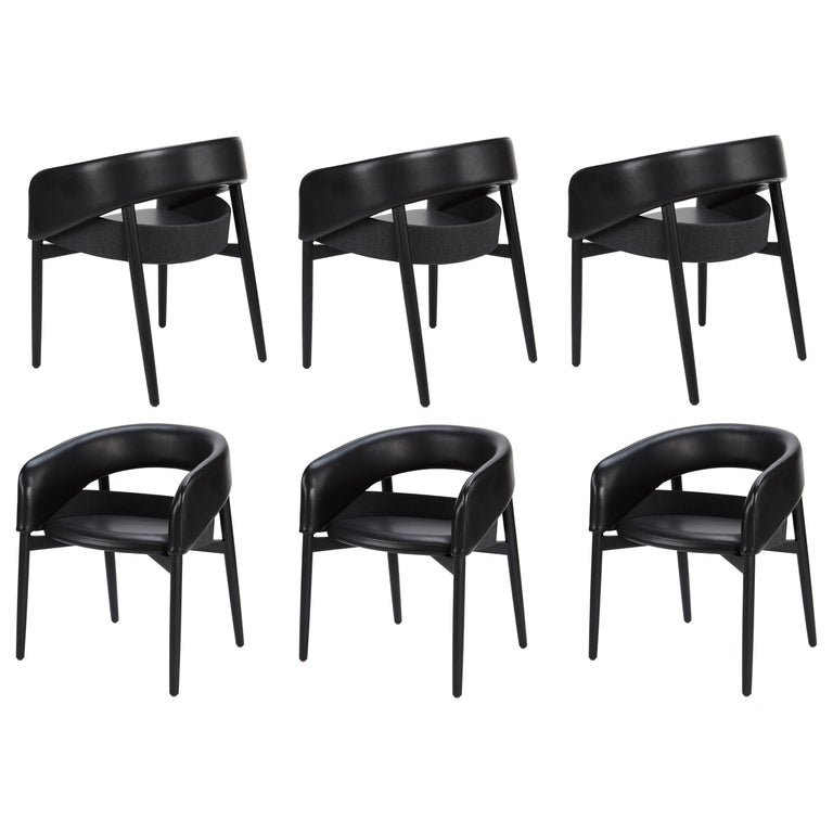 Six Contemporary Dining Chairs, Black Lacquer/Leather For Sale at 1stDibs
