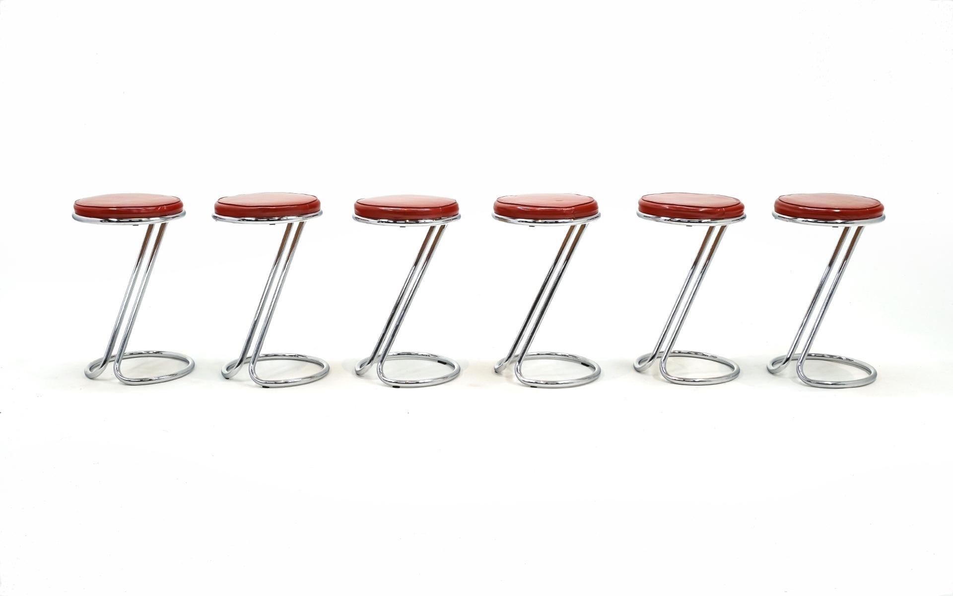 Rare set of 6 counter height Z barstools designed by Gilbert Rohde for the Troy Sunshade Company, 1930s. The tubular chrome frames are in amazingly good condition with NO RUST and no pitting. We've been in business for 25 years and have never seen a