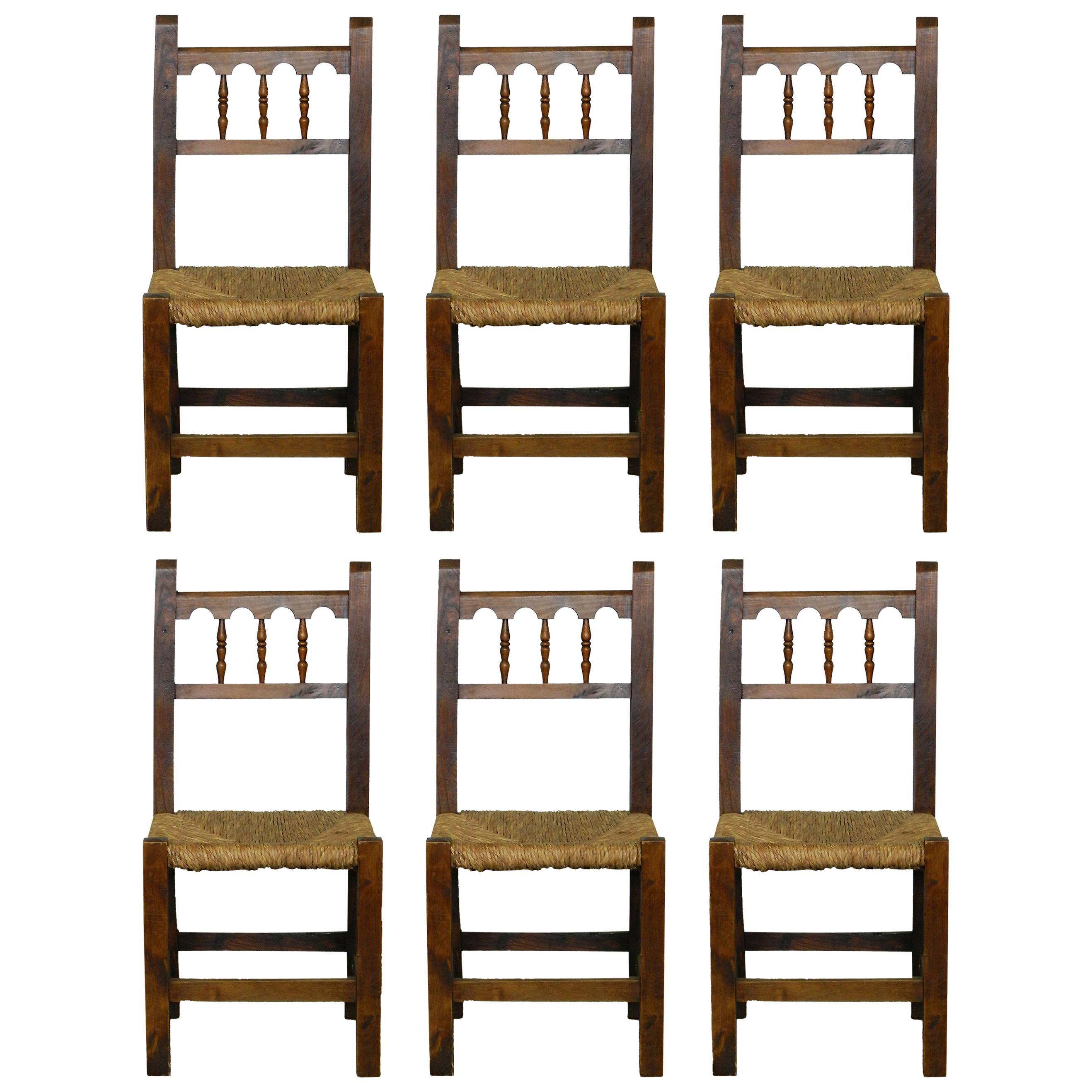 Six Country French Rush Seat Dining Chairs, 20th Century