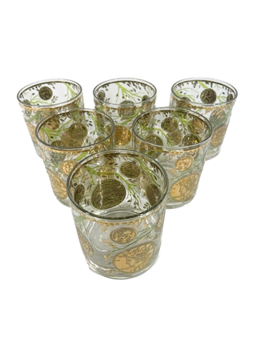 Mid-Century Modern Six Culver LTD Rocks Glasses in the Gold Version of the Midas Pattern For Sale