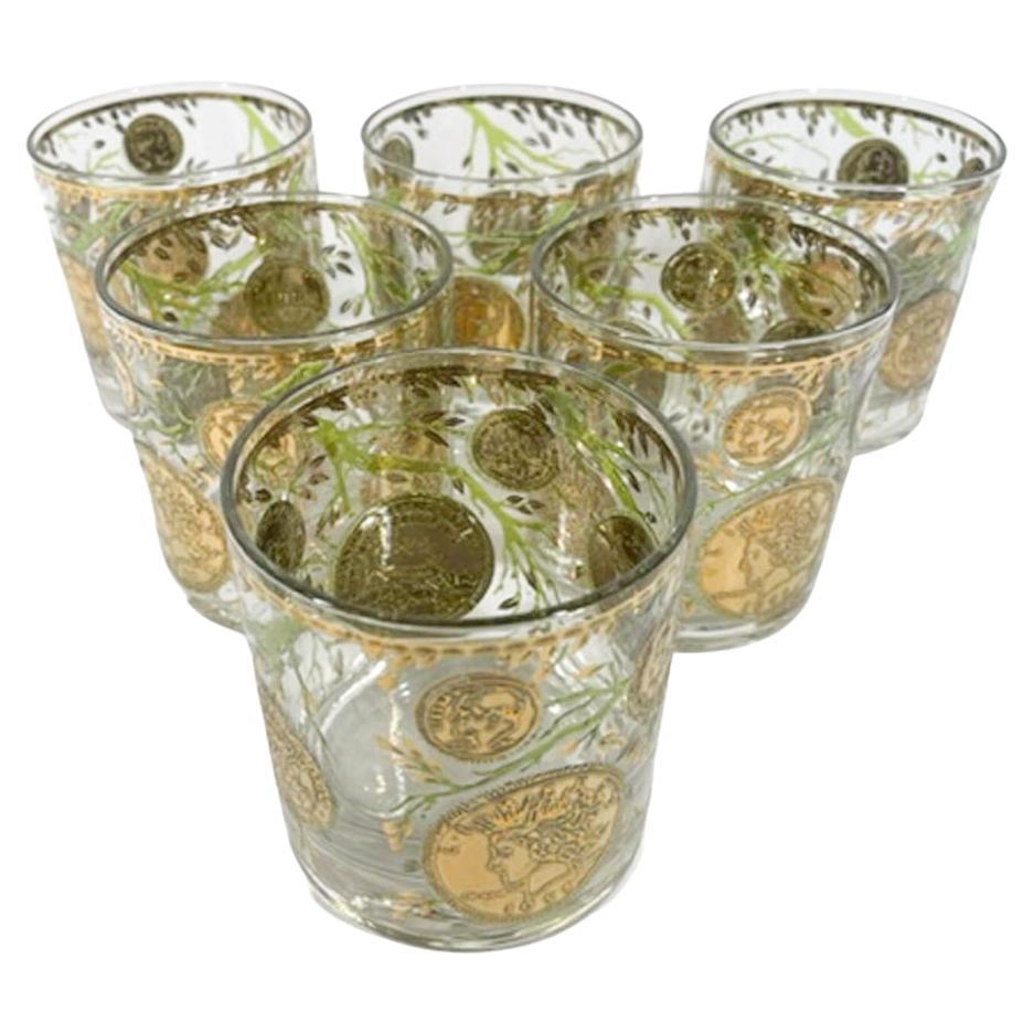 Six Culver LTD Rocks Glasses in the Gold Version of the Midas Pattern For Sale