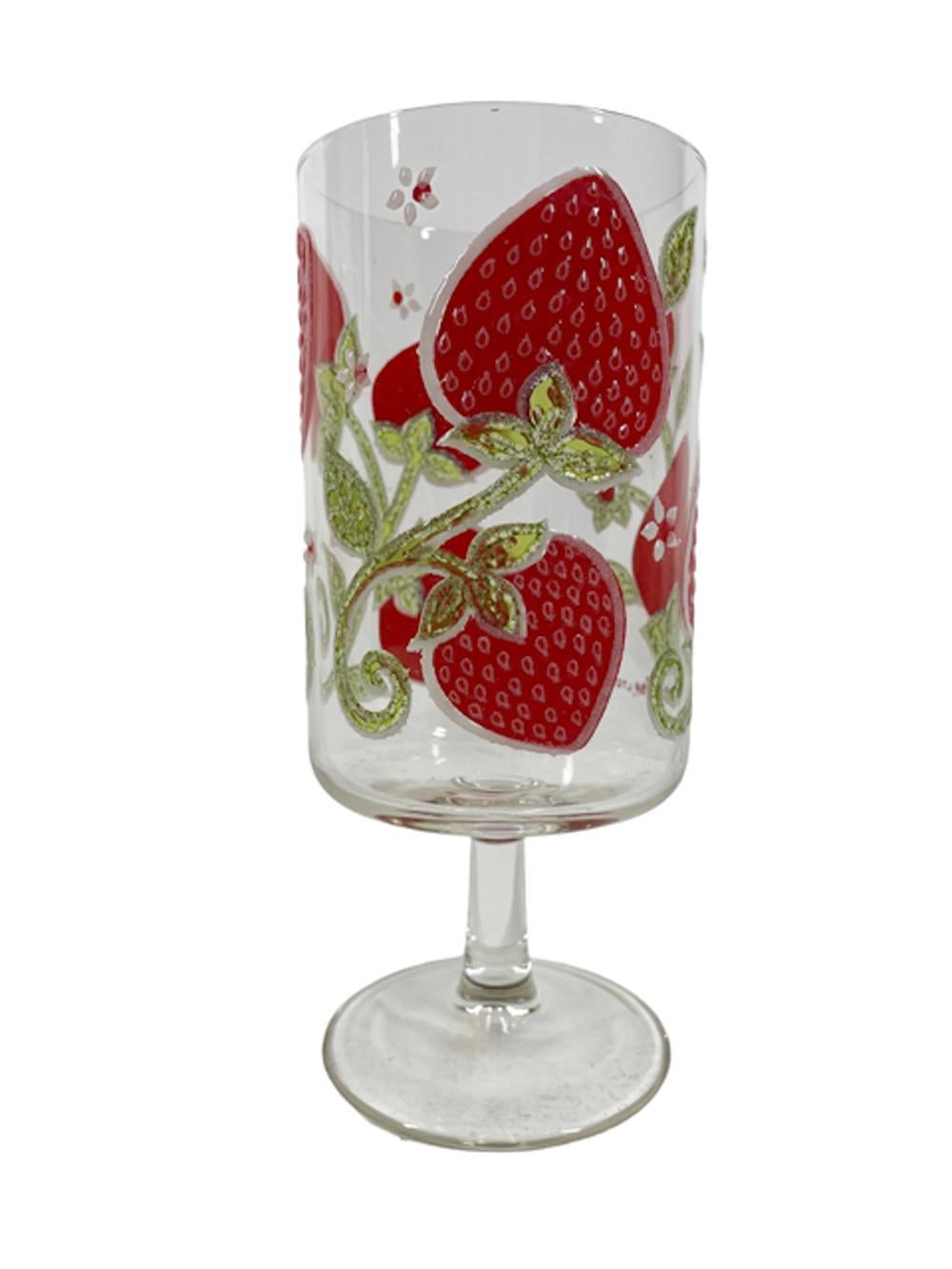 Six stemmed coolers by Culver, LTD decorated in translucent enamels with large red strawberries, green leaves, stems and vines all with white details. Signed Culver, LTD.
