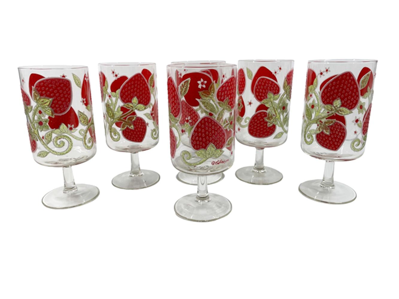 Sechs Culver, LTD-Kühler mit Stempel mit Erdbeermuster in Rot mit Grün und Weiß (Glas) im Angebot