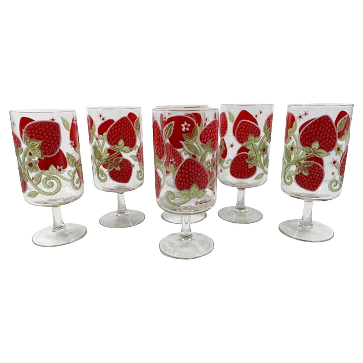 Six Culver, LTD Stemmed Coolers w/ Strawberry Pattern in Red with Green & White