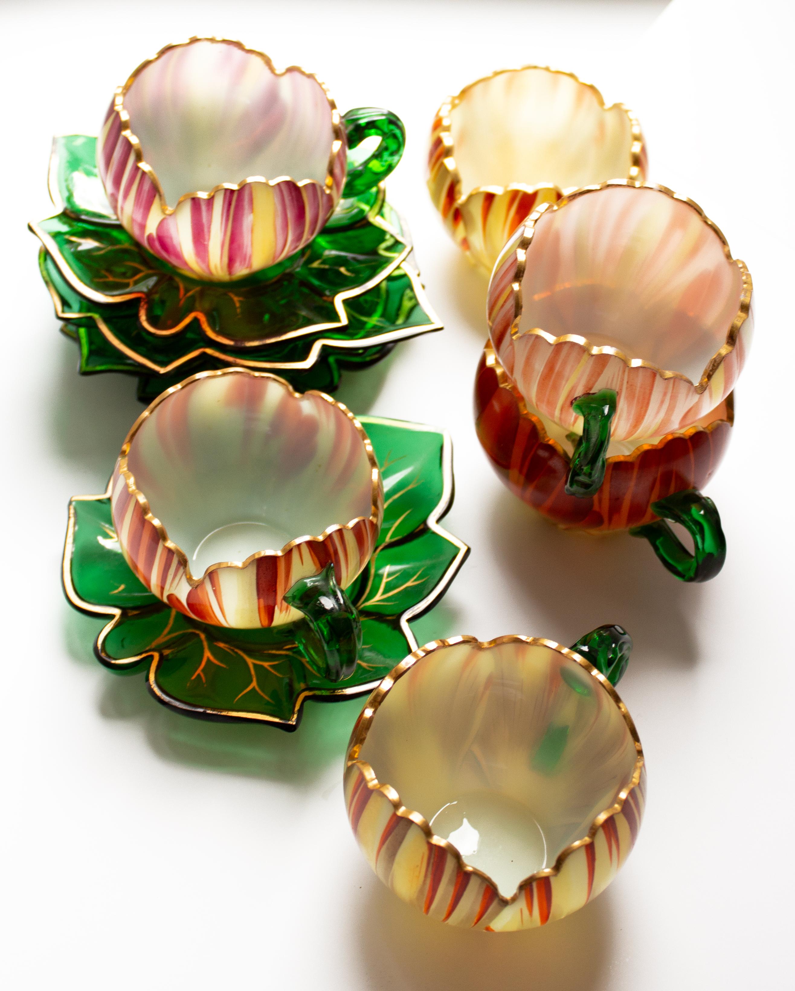 Enamel Six Cups with Saucers, Theresienthal, Bohemia c. 1900 For Sale