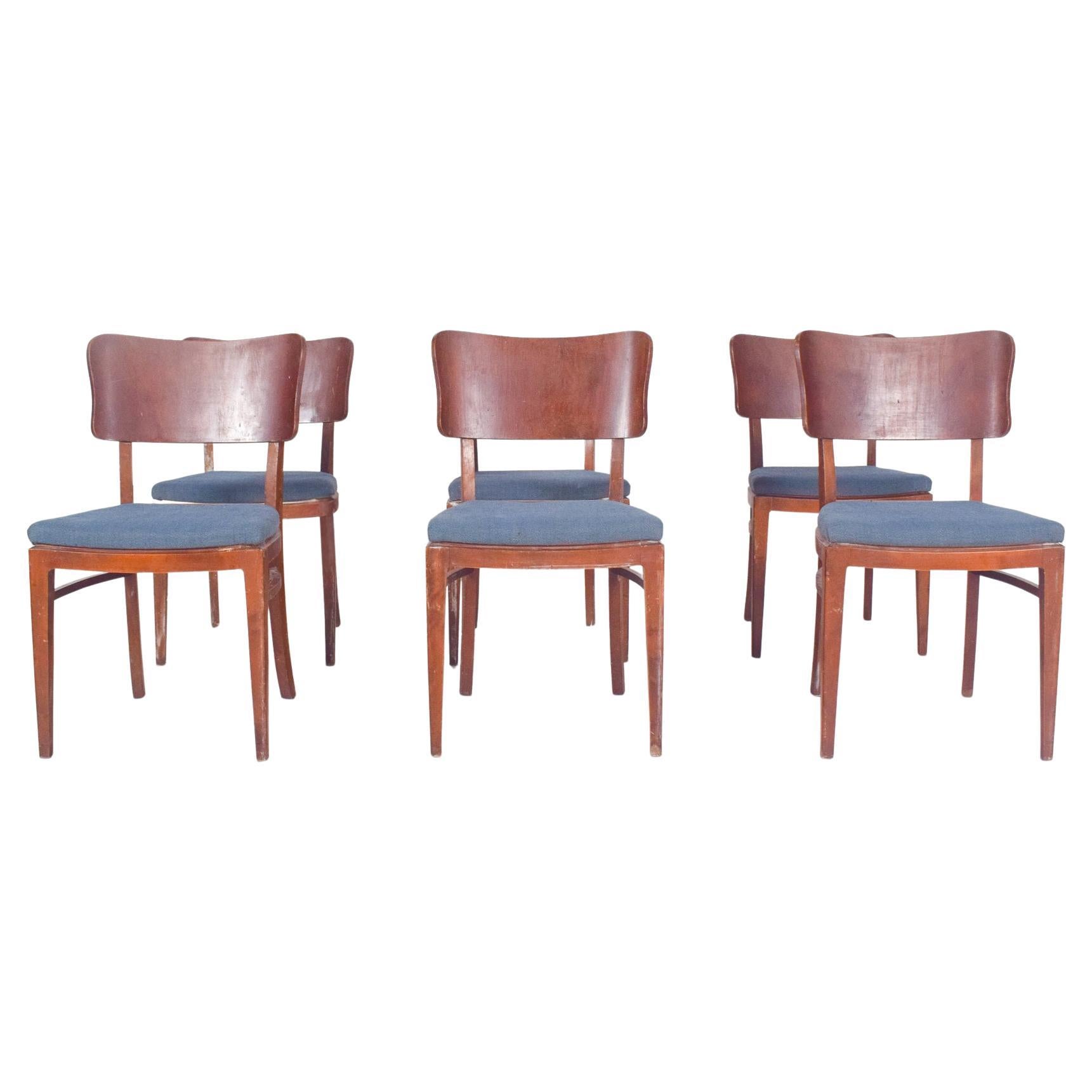Six Danish Blue Upholstered Dining Chairs