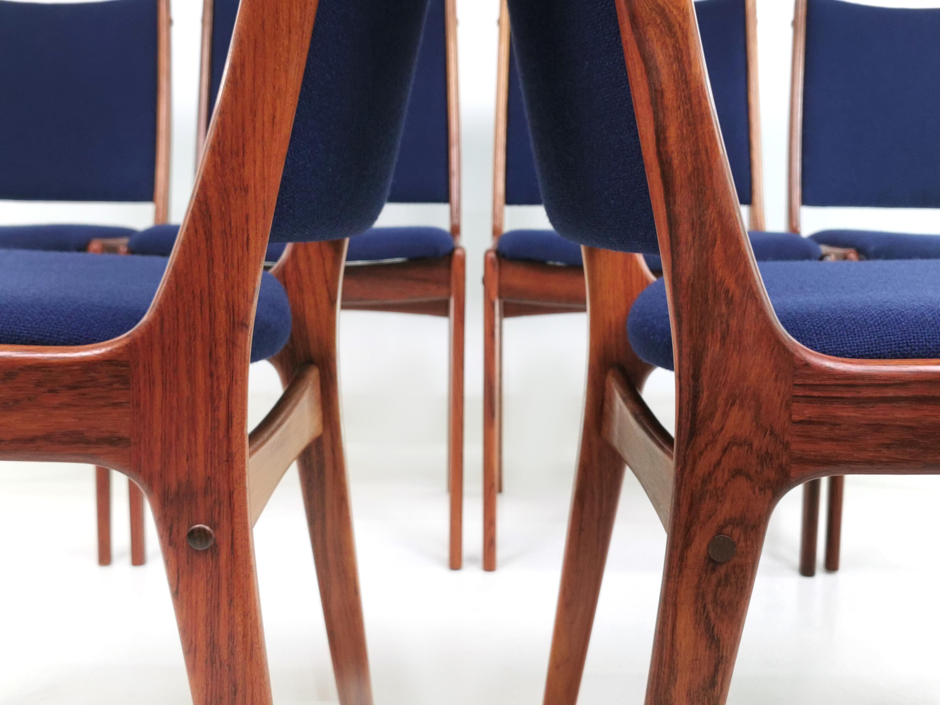 Mid-Century Modern Six Danish Johannes Andersen Brazilian Rosewood Dining Chairs in Blue Kvadrat