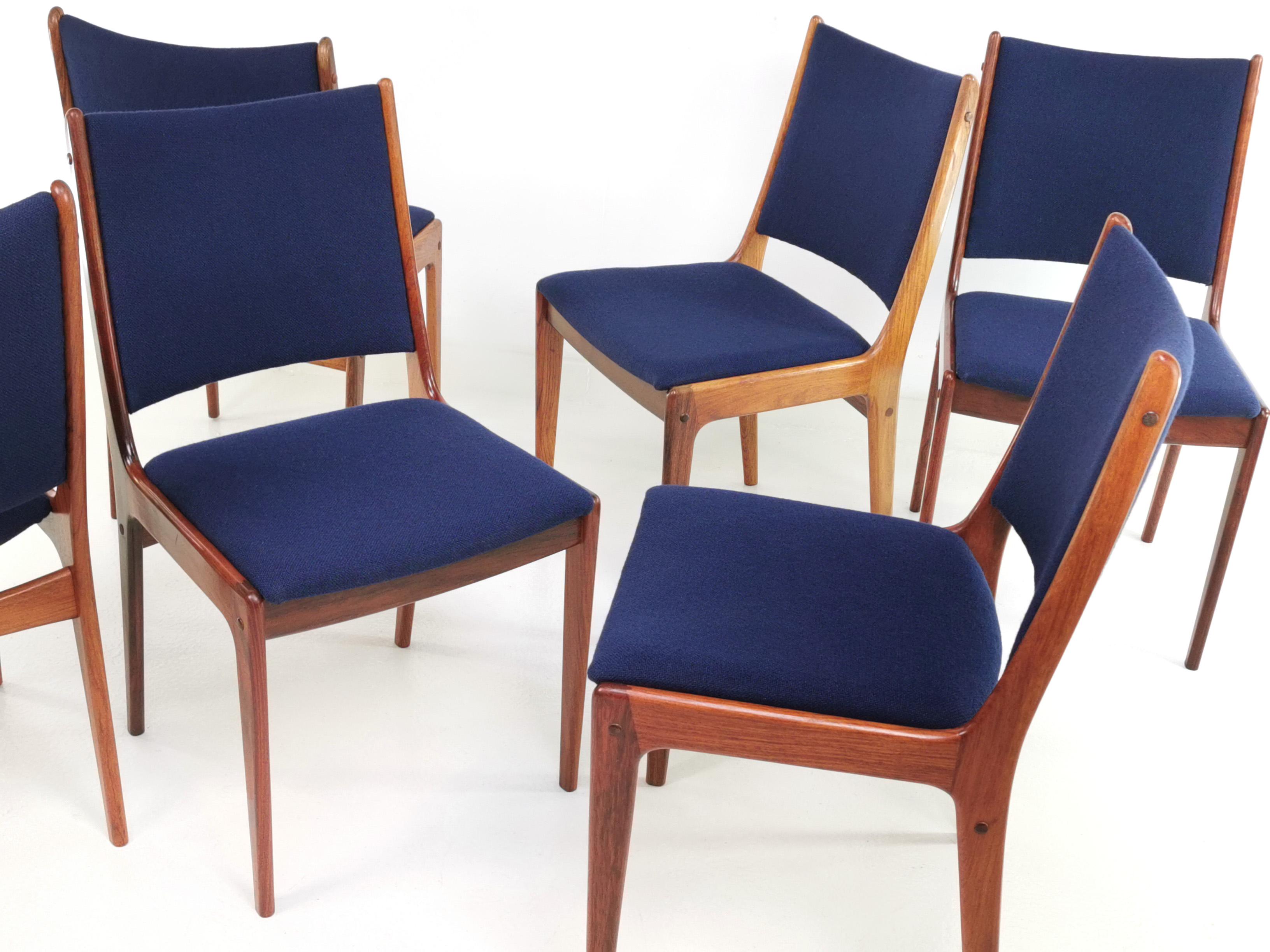 British Six Danish Johannes Andersen Brazilian Rosewood Dining Chairs in Blue Kvadrat