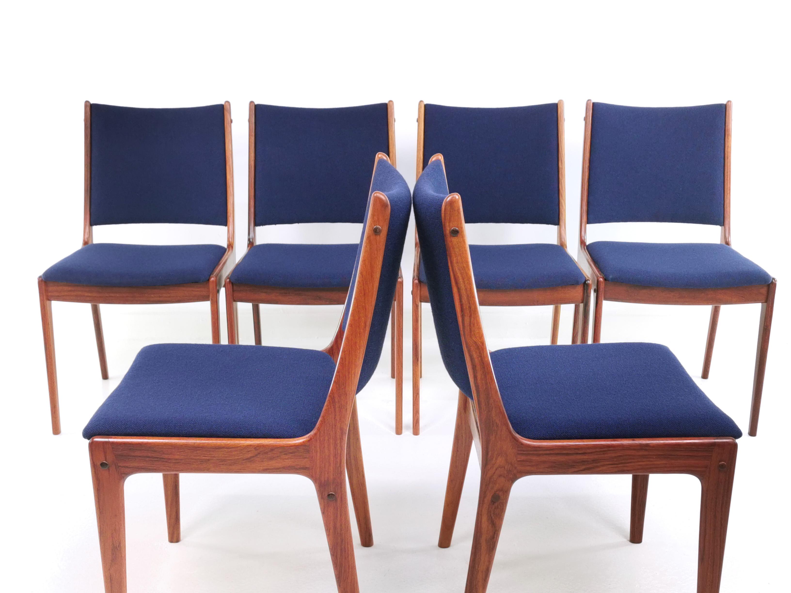 20th Century Six Danish Johannes Andersen Brazilian Rosewood Dining Chairs in Blue Kvadrat