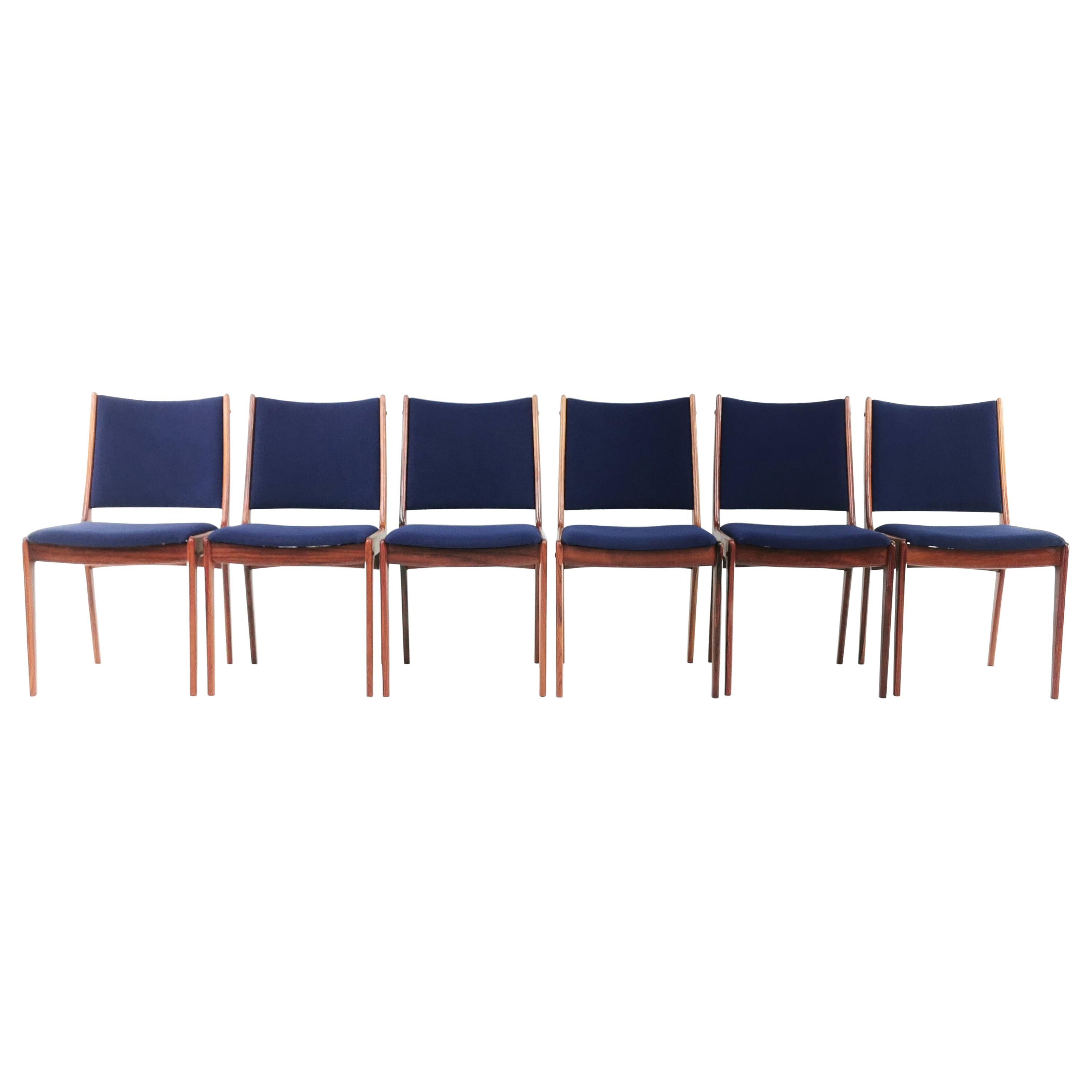 Six Danish Johannes Andersen Brazilian Rosewood Dining Chairs in Blue Kvadrat