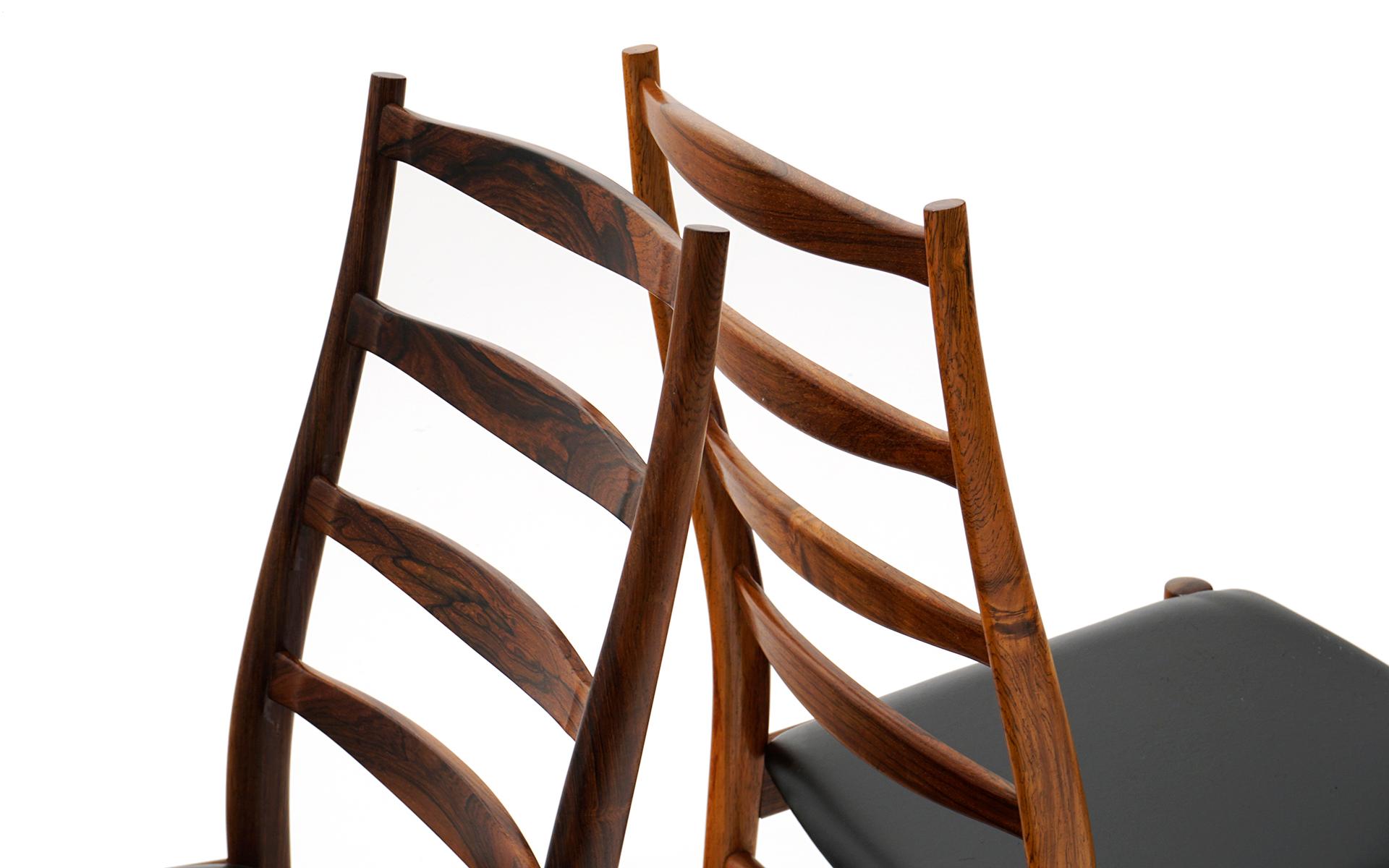 Upholstery Six Danish Modern Rosewood Ladder Back Dining Chairs by Arne Vodder, Black Seats For Sale