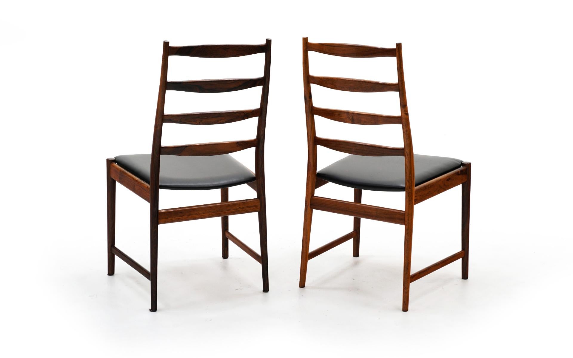 Six Danish Modern Rosewood Ladder Back Dining Chairs by Arne Vodder, Black Seats For Sale 1