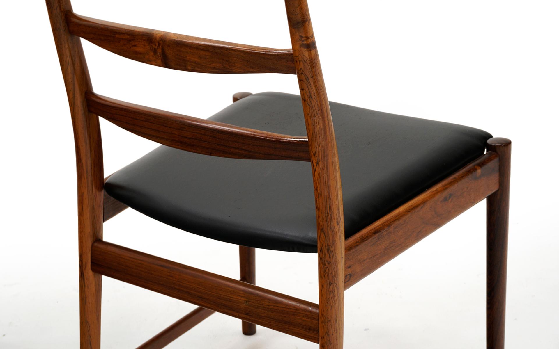 Six Danish Modern Rosewood Ladder Back Dining Chairs by Arne Vodder, Black Seats For Sale 2