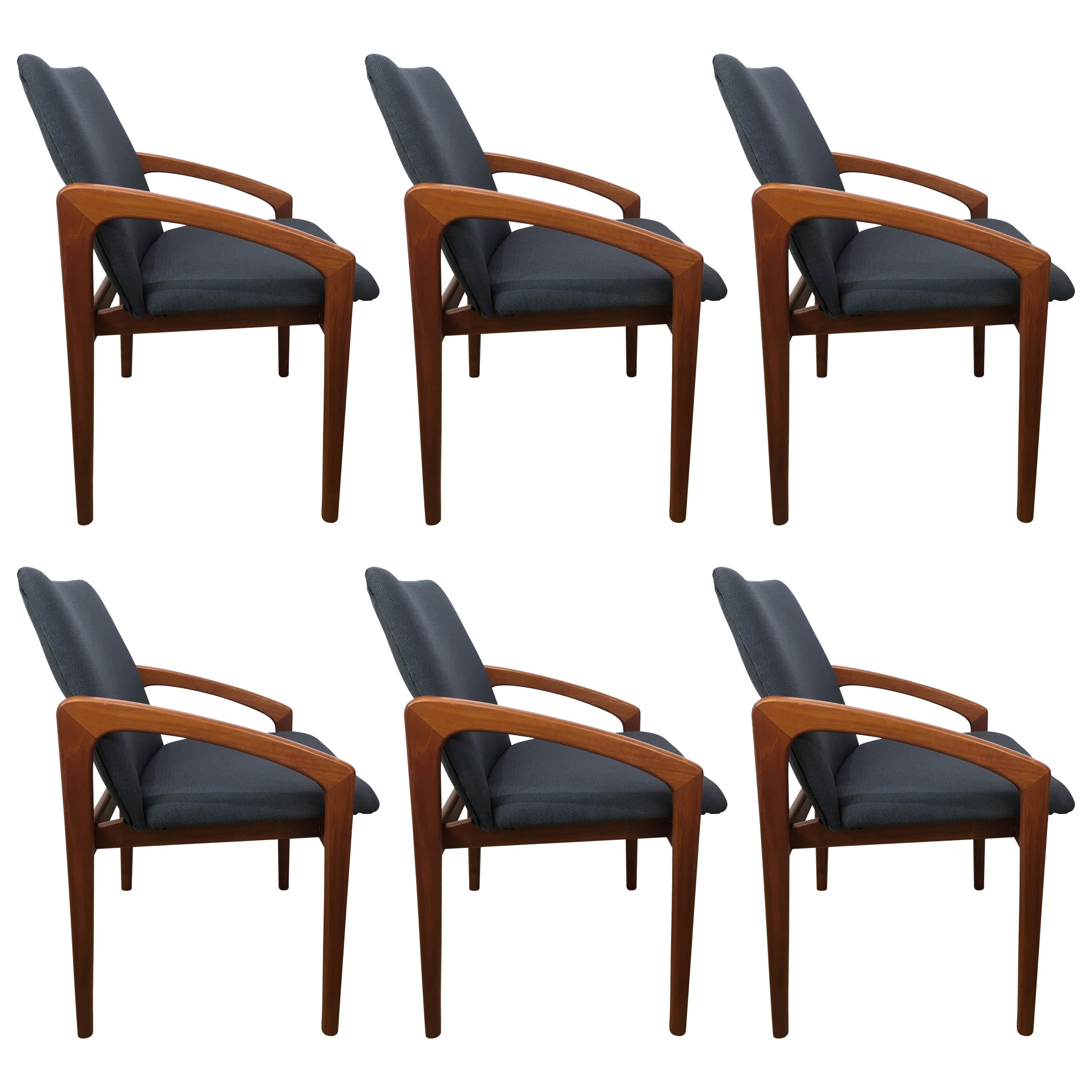 Six Danish Modern, Teak Cantilever Dining Chairs For Sale