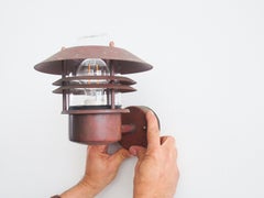 Six Danish Outdoor Wall Lamps of Copper and Glass