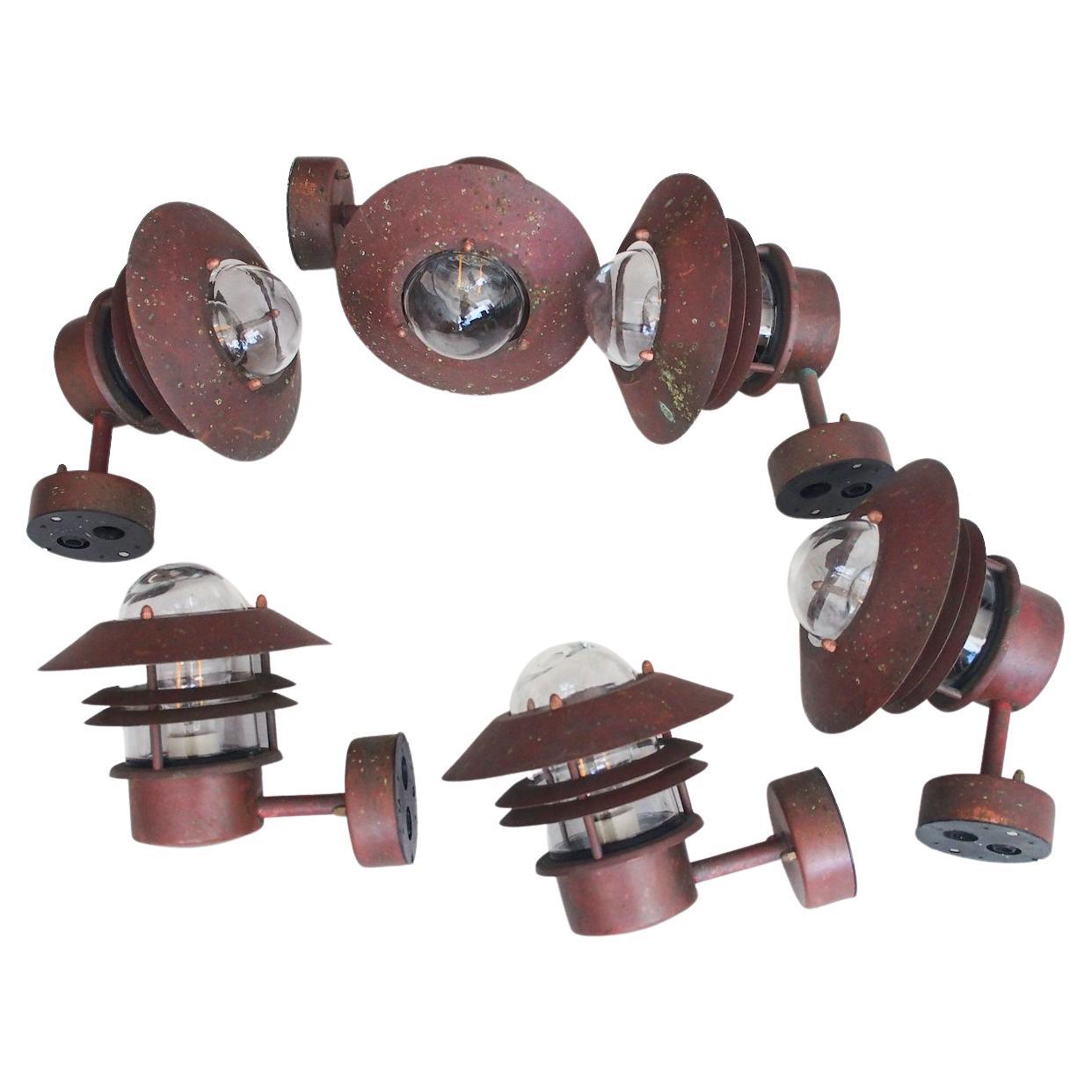 Six Danish Outdoor Wall Lamps of Copper and Glass For Sale