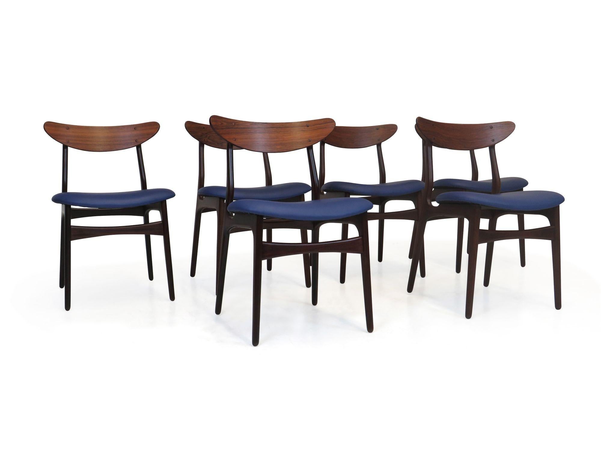 Leather Six Danish Rosewood Dining Chairs For Sale
