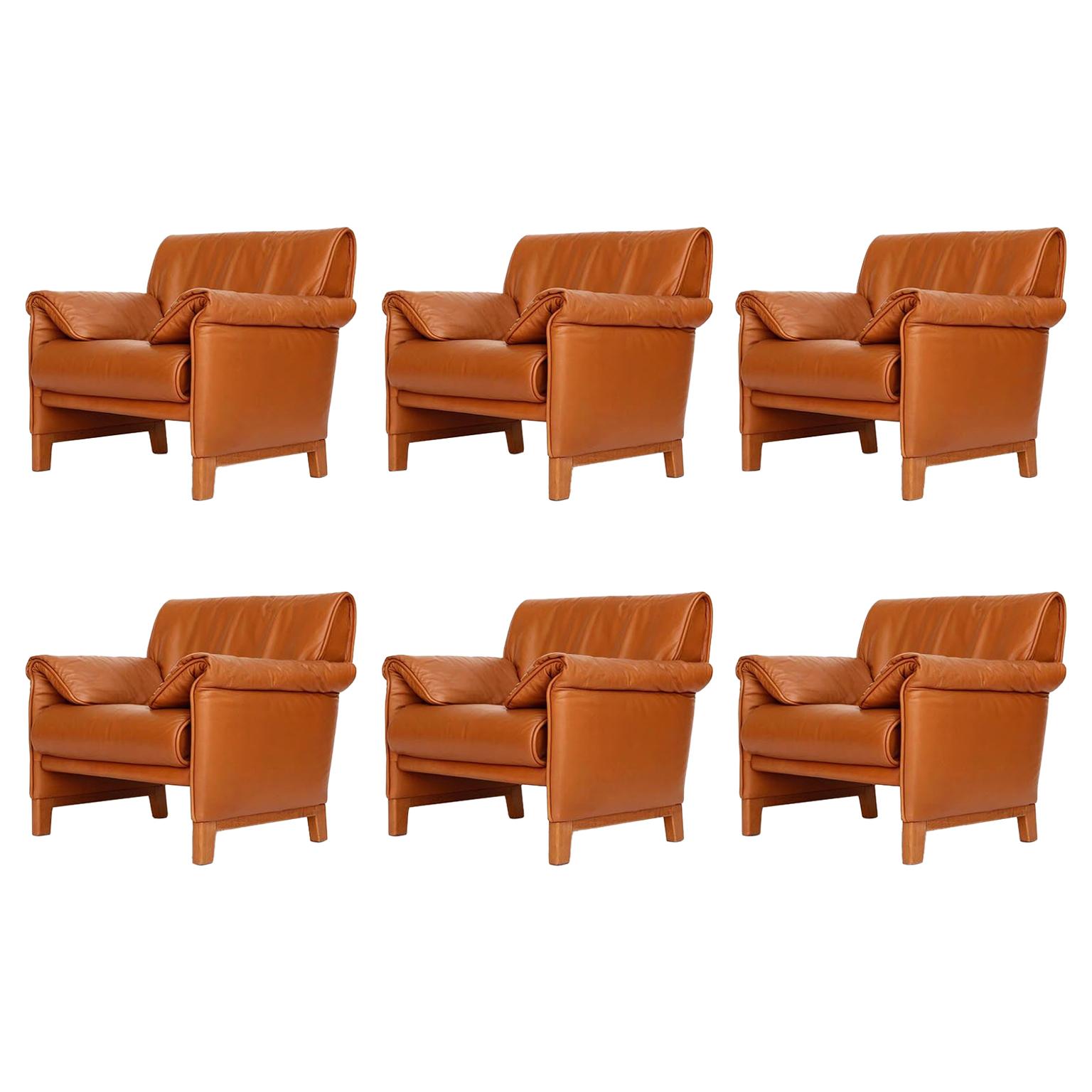 Quatre fauteuils de la collection DS-14 de De Sede, en cuir et teck cognac, 1989