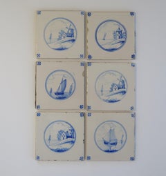 Six Delft Blue and White Tiles All Hand Painted, Dutch, 19th Century