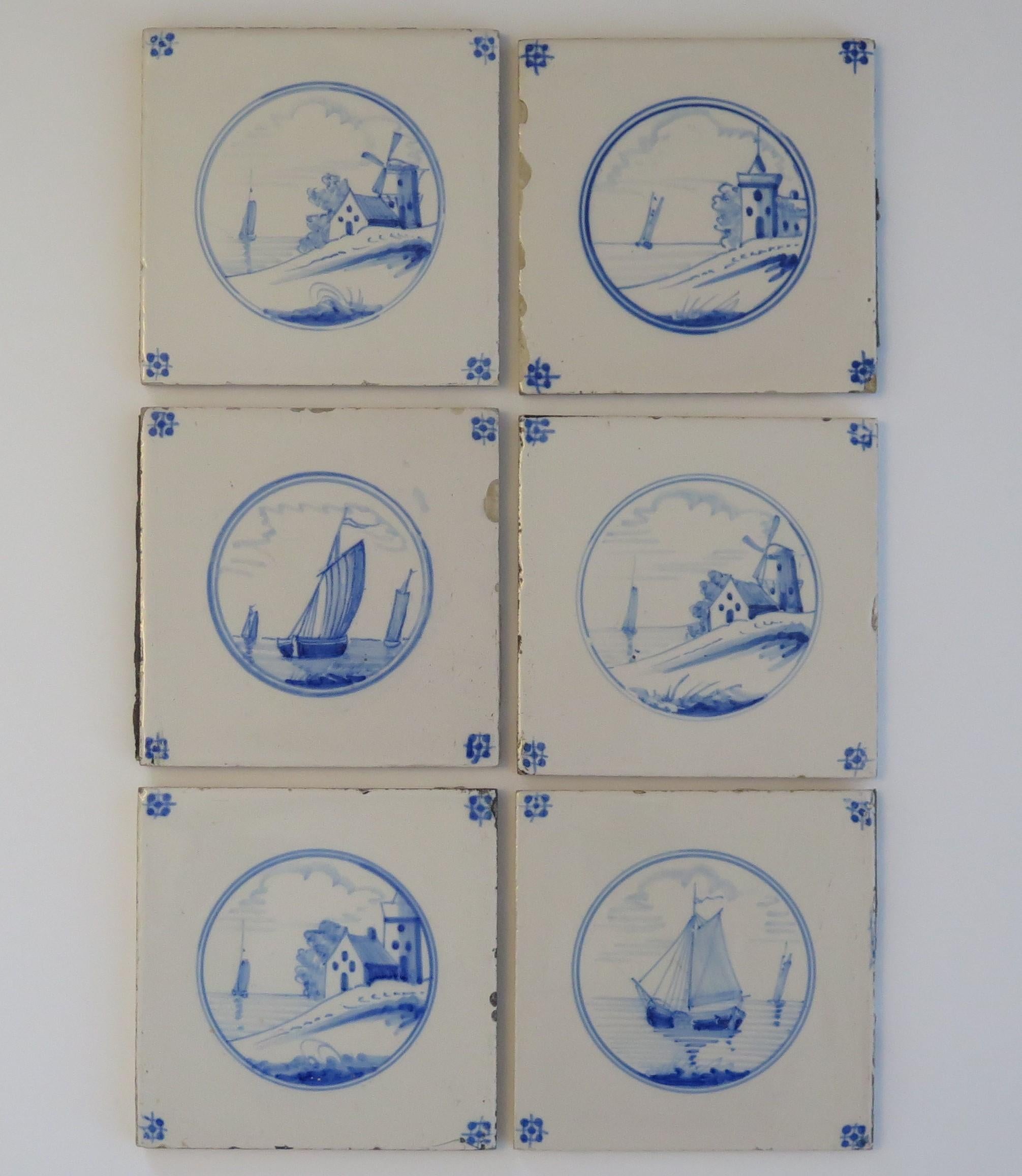 Dutch Colonial Six Delft Blue and White Tiles All Hand Painted, Dutch, 19th Century