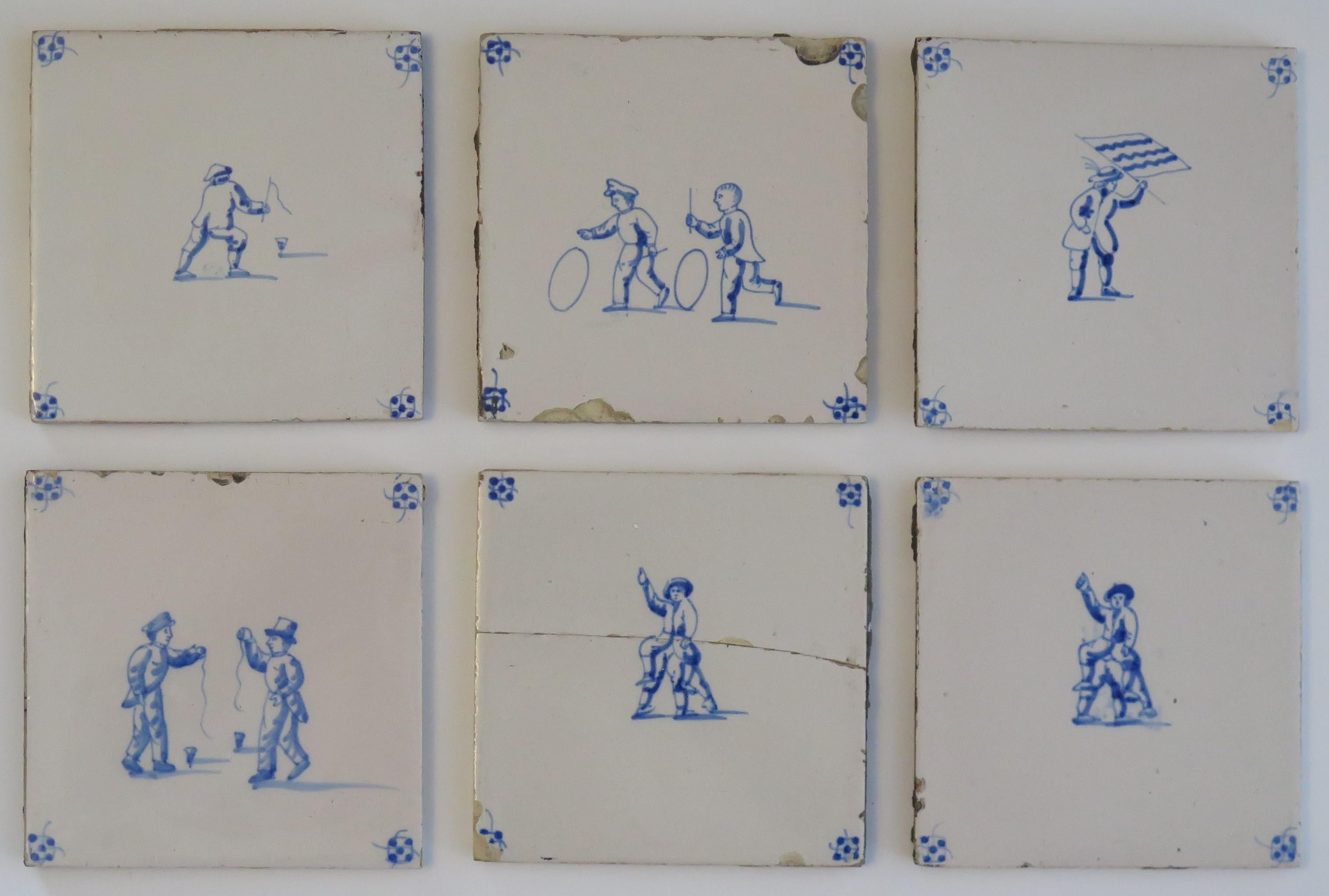 Dutch Colonial Six Delft Blue and White Tiles All Hand Painted, Dutch, 19th Century