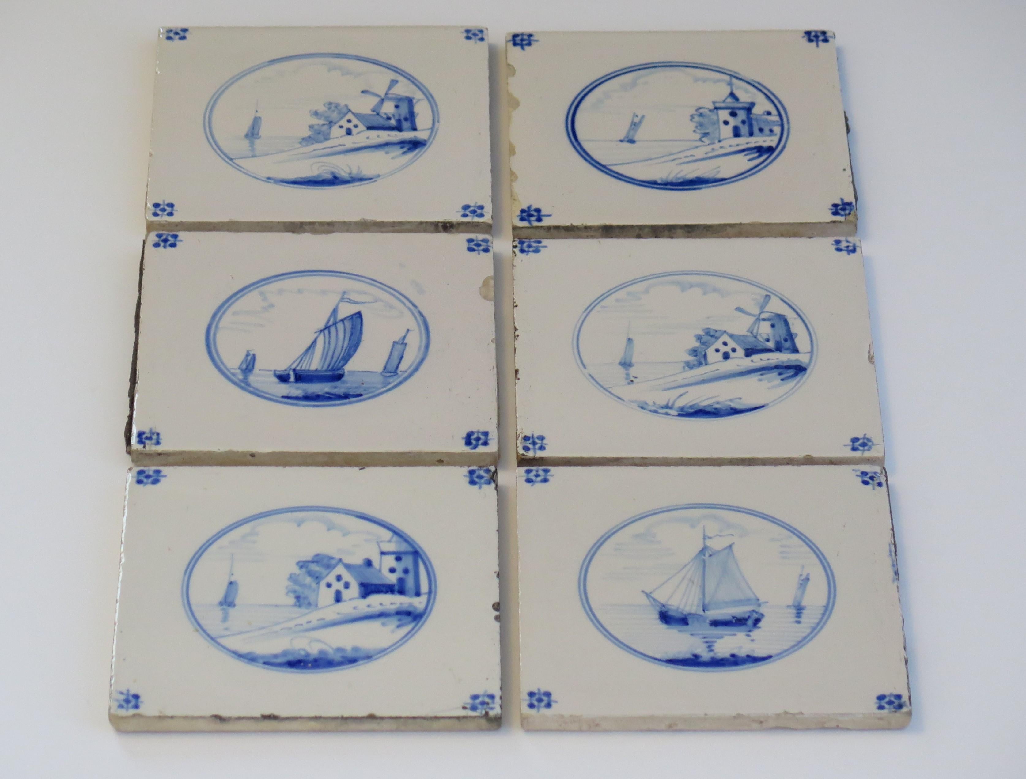 Hand-Painted Six Delft Blue and White Tiles All Hand Painted, Dutch, 19th Century