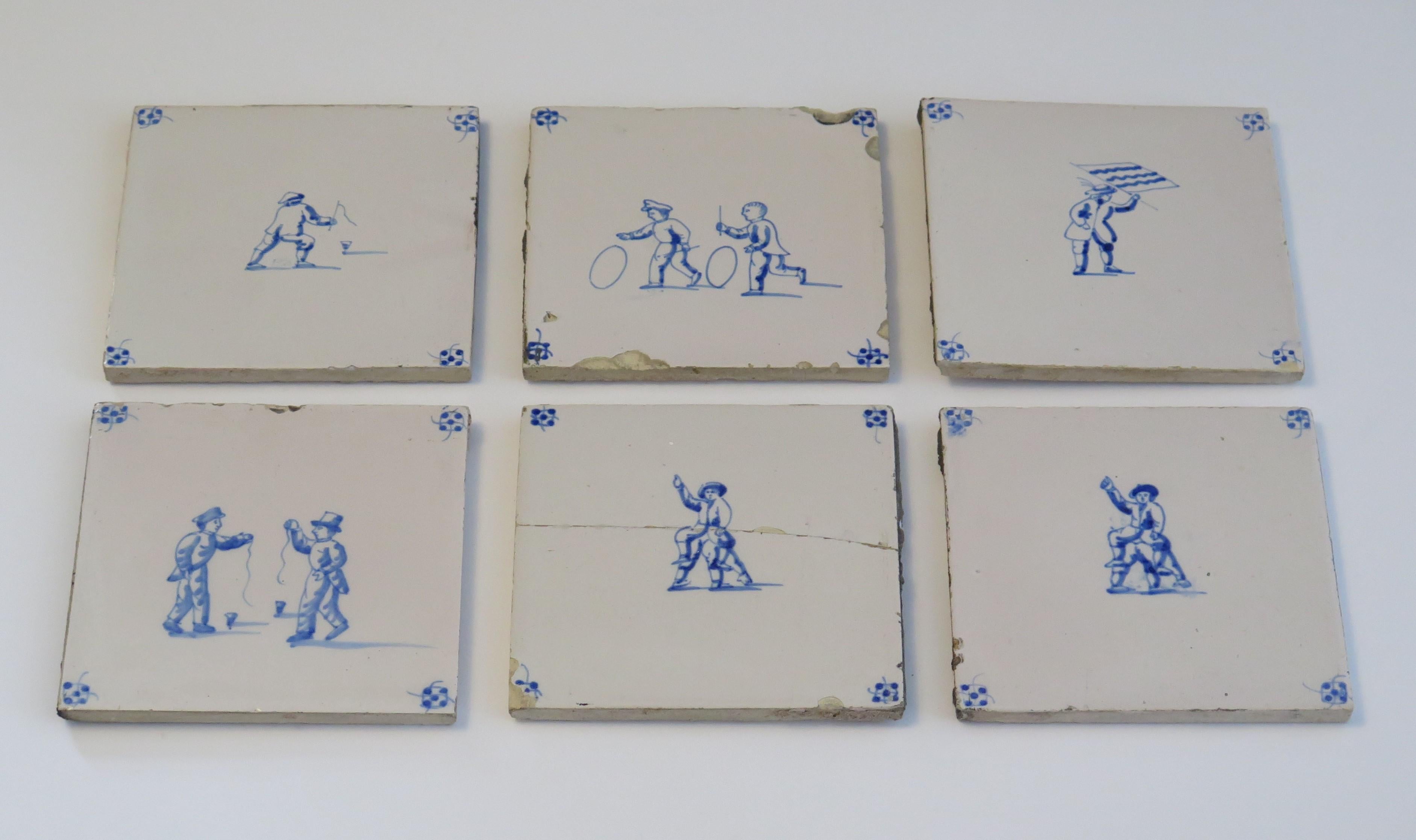 Hand-Painted Six Delft Blue and White Tiles All Hand Painted, Dutch, 19th Century