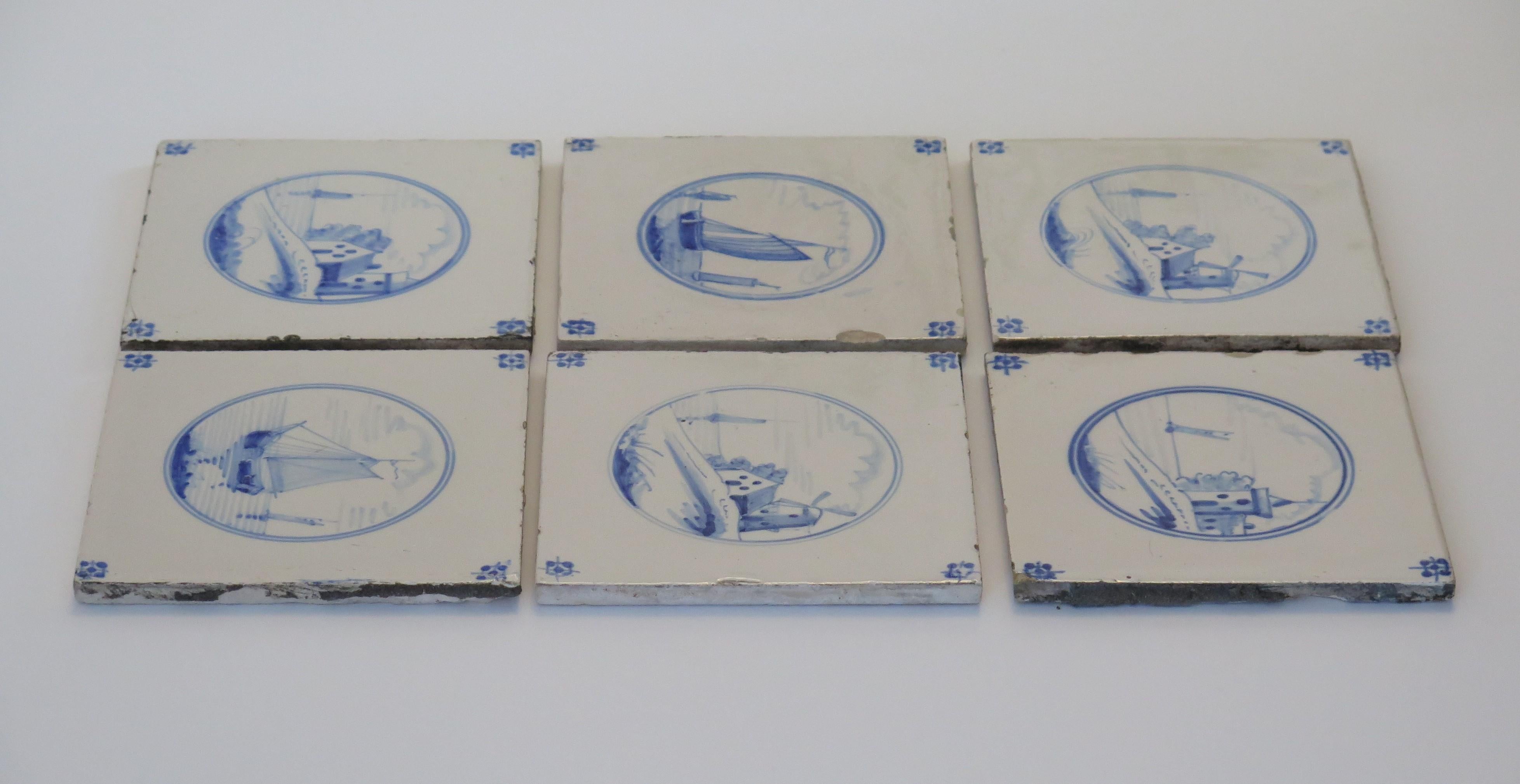Six Delft Blue and White Tiles All Hand Painted, Dutch, 19th Century In Good Condition In Lincoln, Lincolnshire