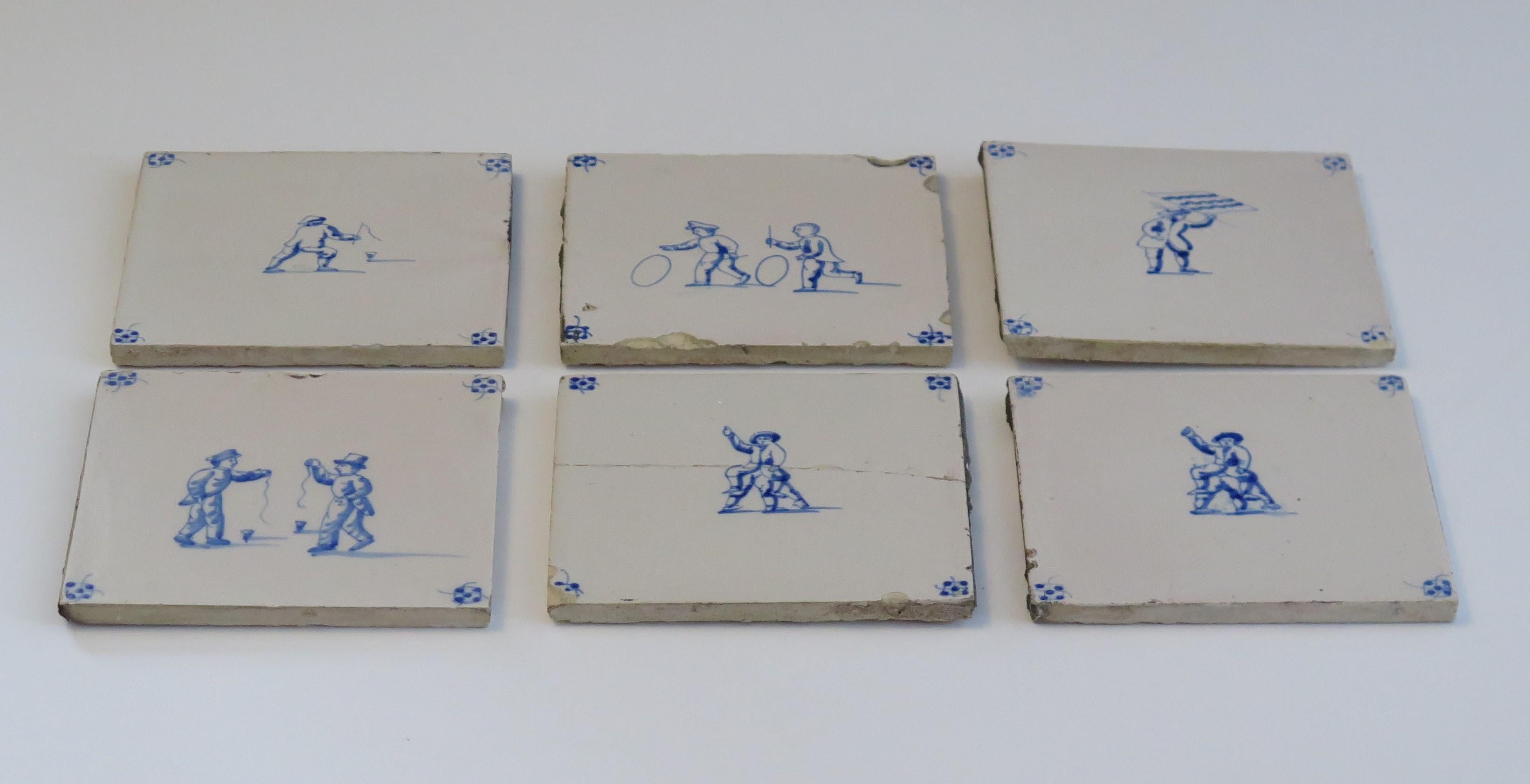Six Delft Blue and White Tiles All Hand Painted, Dutch, 19th Century In Fair Condition In Lincoln, Lincolnshire