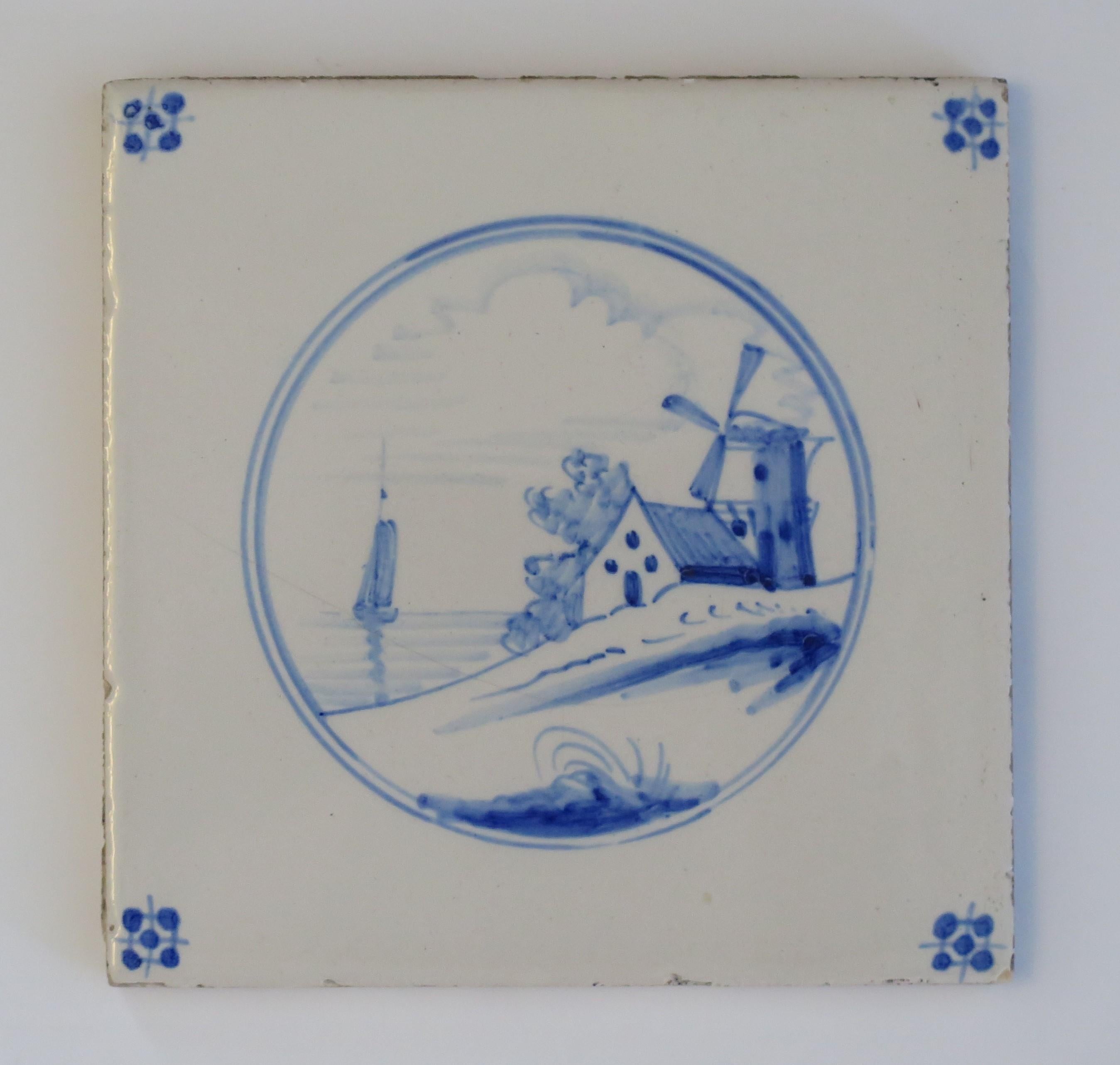 Earthenware Six Delft Blue and White Tiles All Hand Painted, Dutch, 19th Century